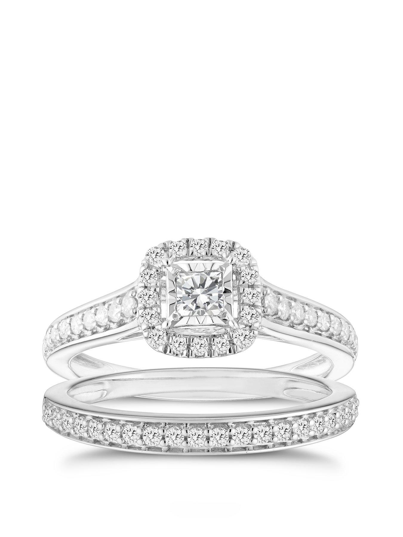 undefined 9ct White Gold Wedding  &  Engagement Ring Set. 0.50ct Diamond Cushion Halo Bridal Set