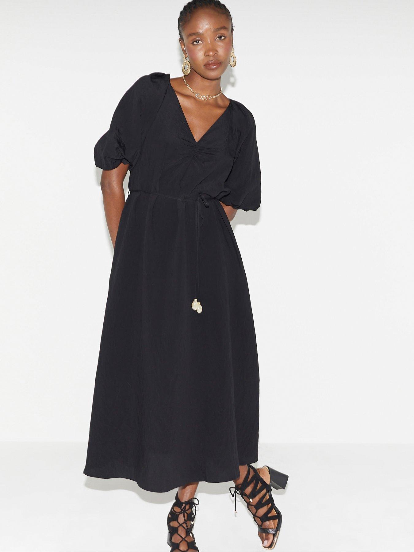 undefined Belted Puff Sleeve Dress - Black