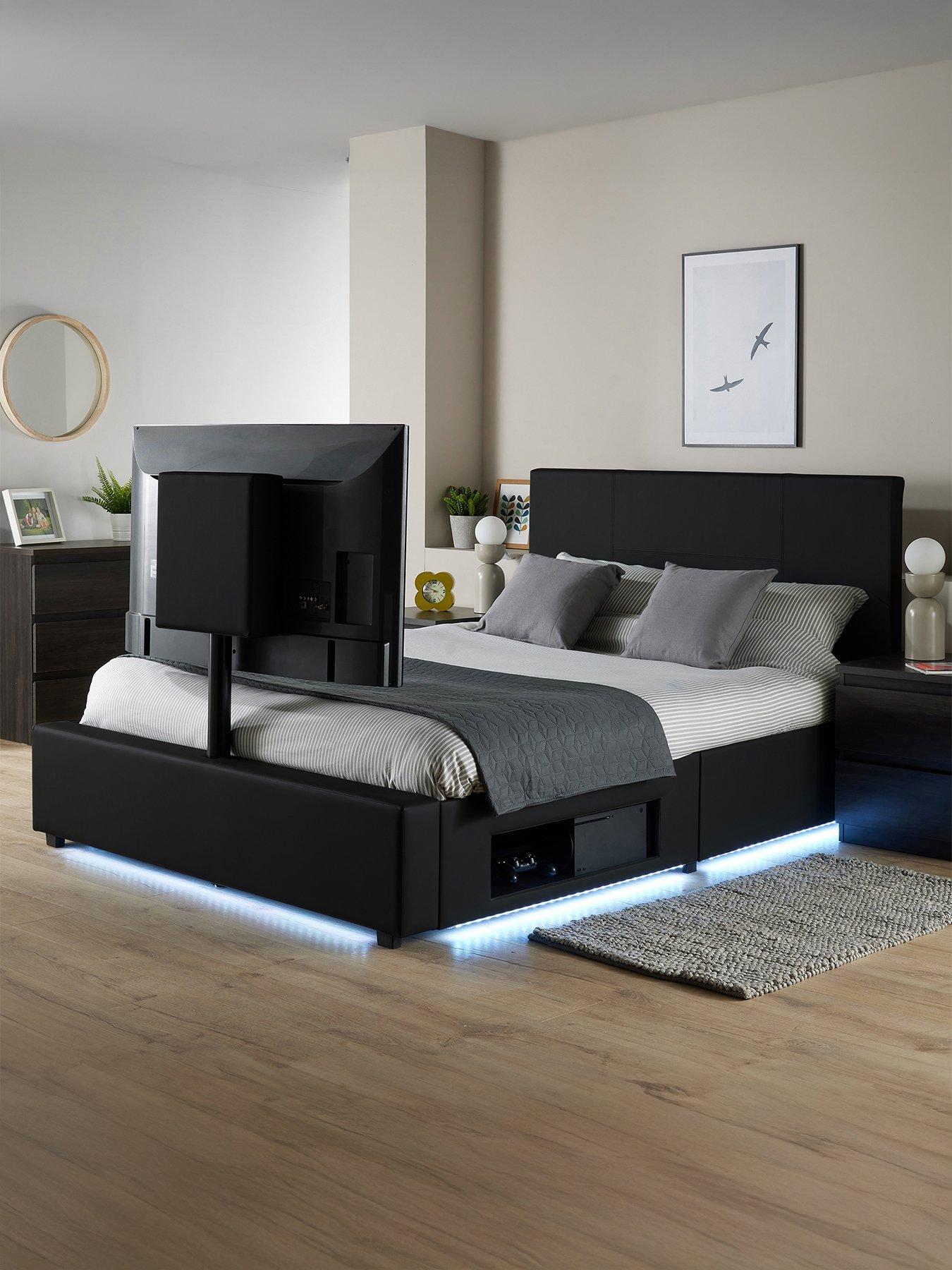 undefined Ava Faux Leather King Size TV Bed Frame with Underbed LED Lighting - fits up to 55 inch TV - Black