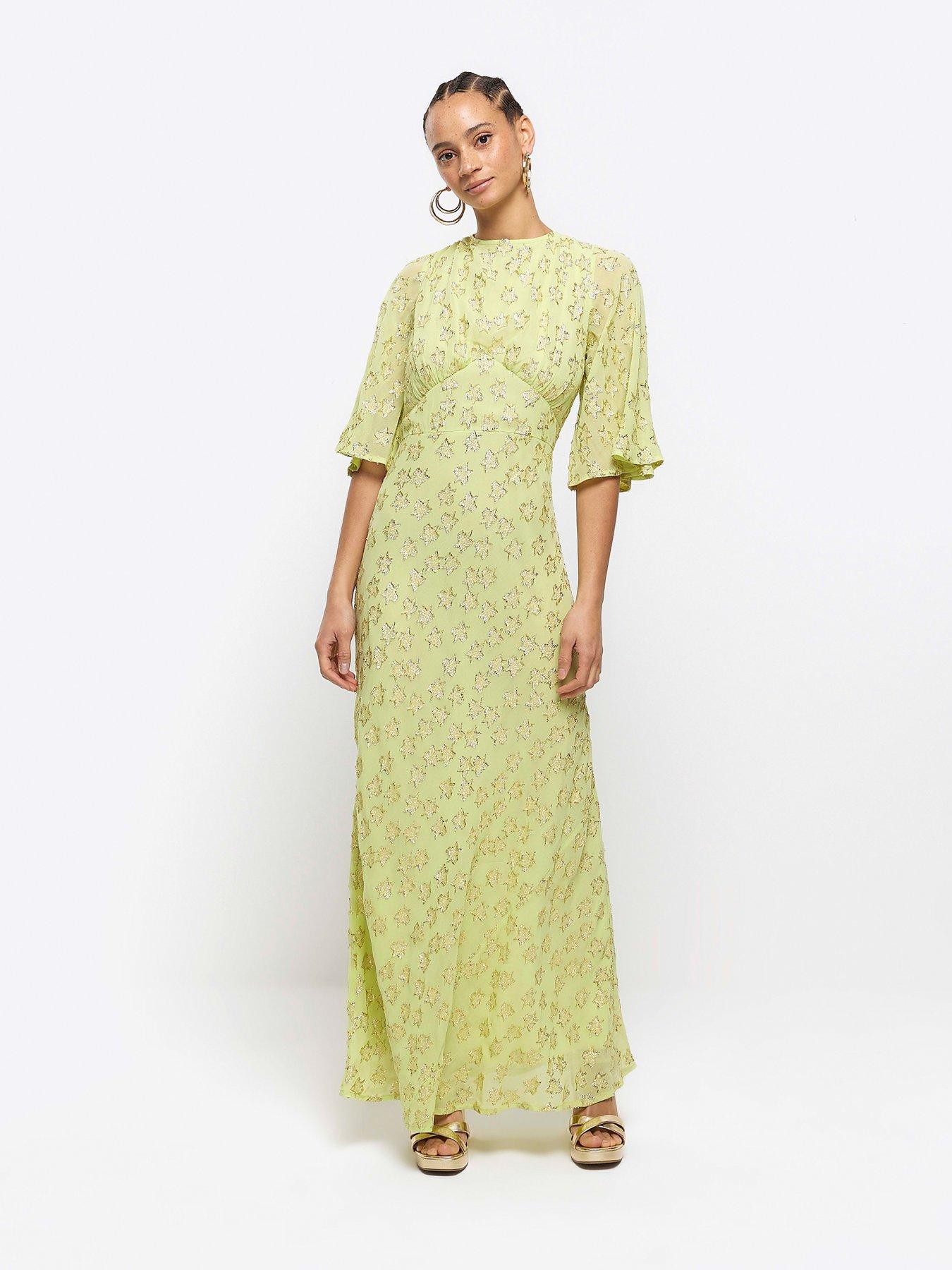 undefined Lurex Star Maxi Dress - Lime