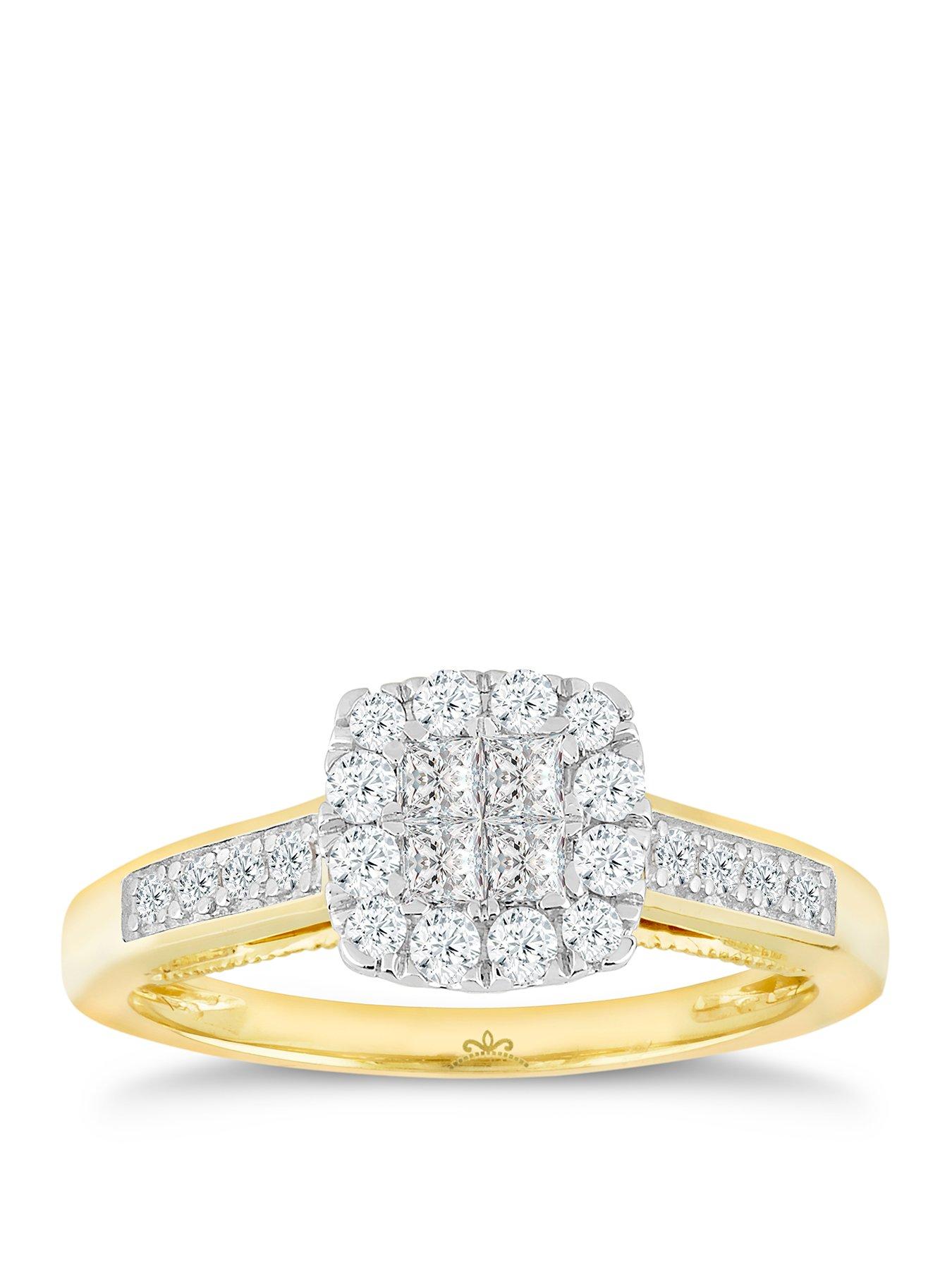 H. Samuel Princessa 9ct Yellow Gold Engagement Ring. 0.50ct Diamond Cluster Ring