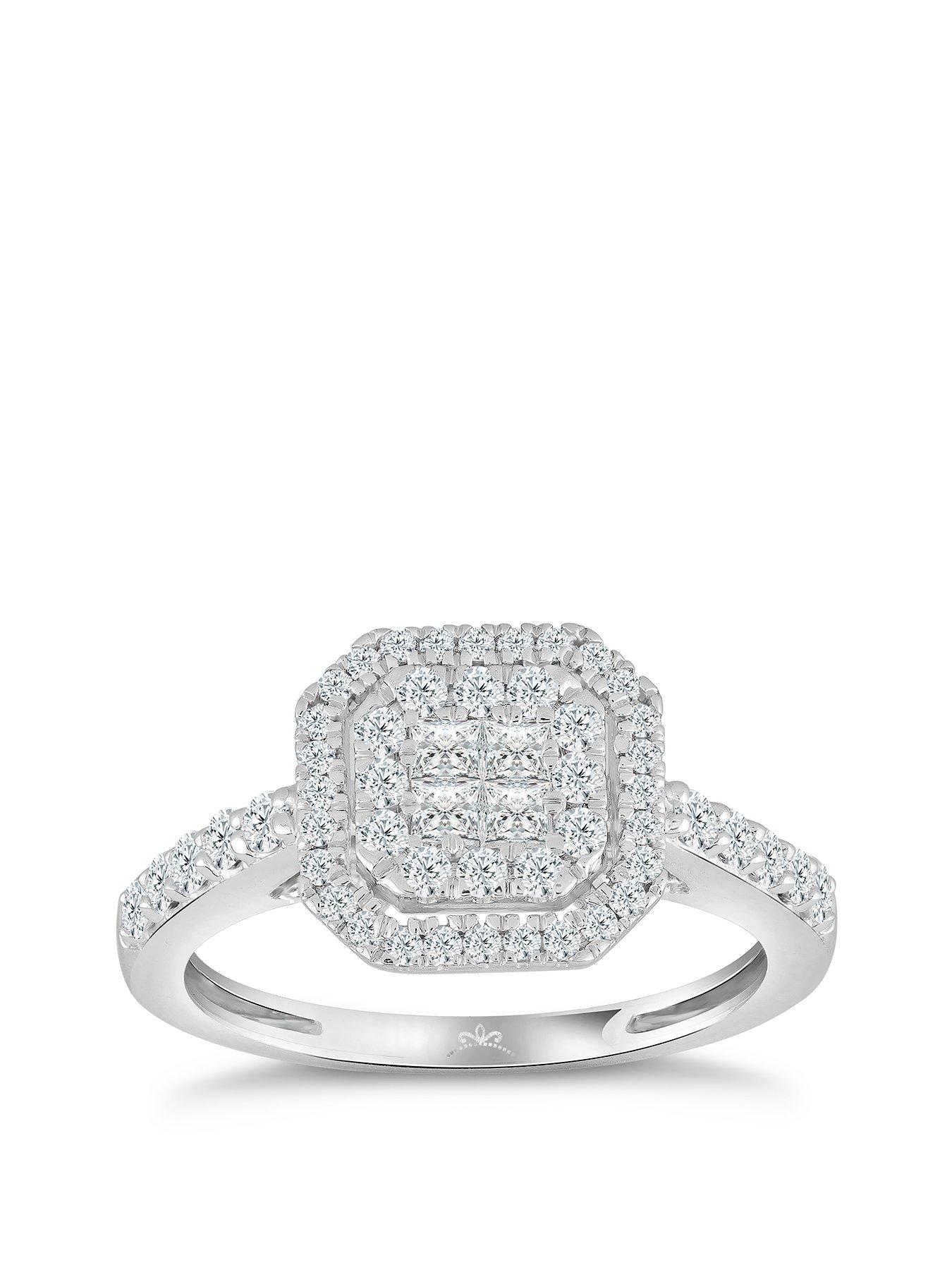  image of h-samuel-princessa-9ct-white-gold-engagement-ring-066ct-diamond-cluster-ring
