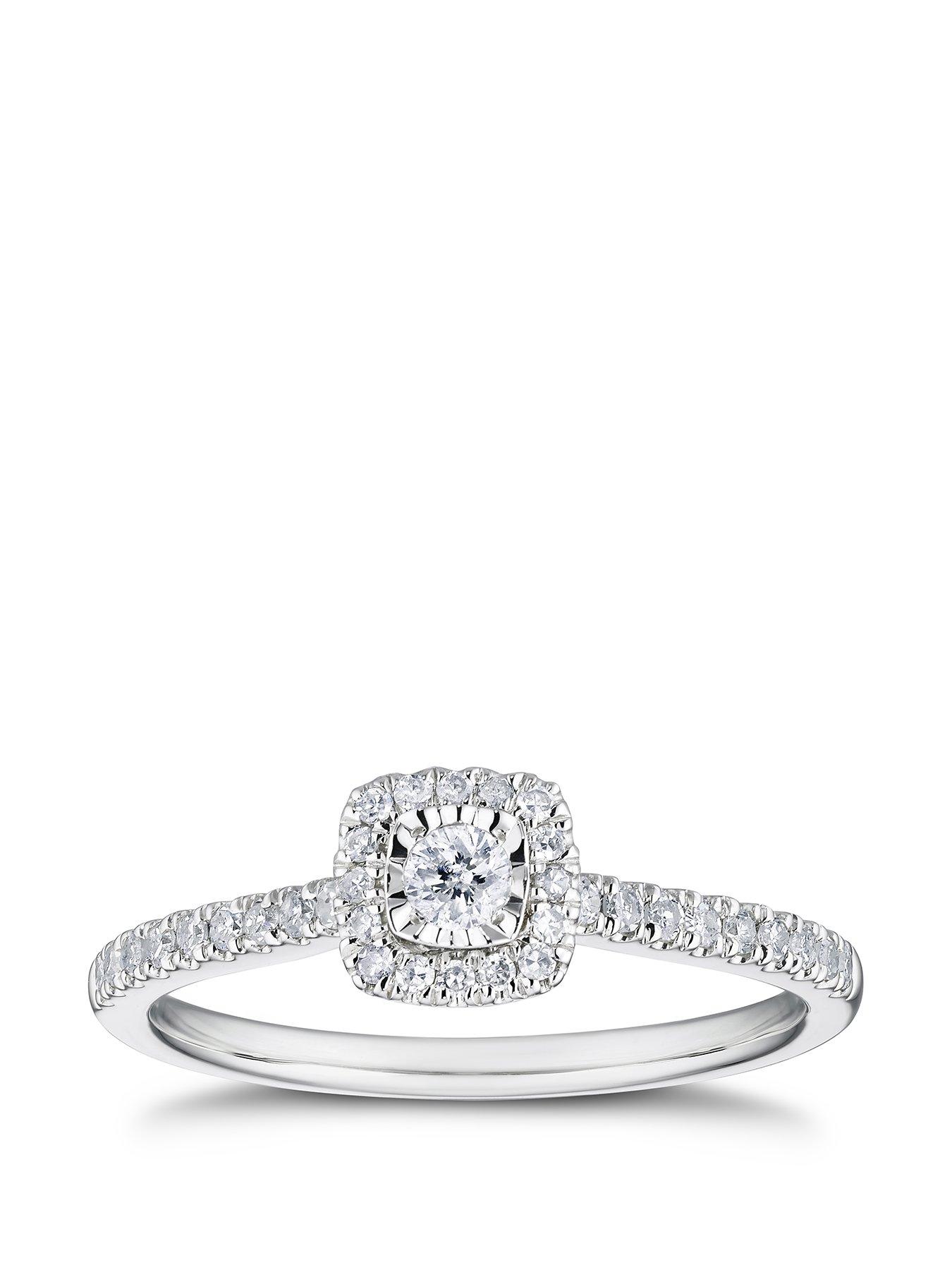 H. Samuel 9ct White Gold Engagement Ring. 0.25ct Diamond Cushion Shaped Halo Ring