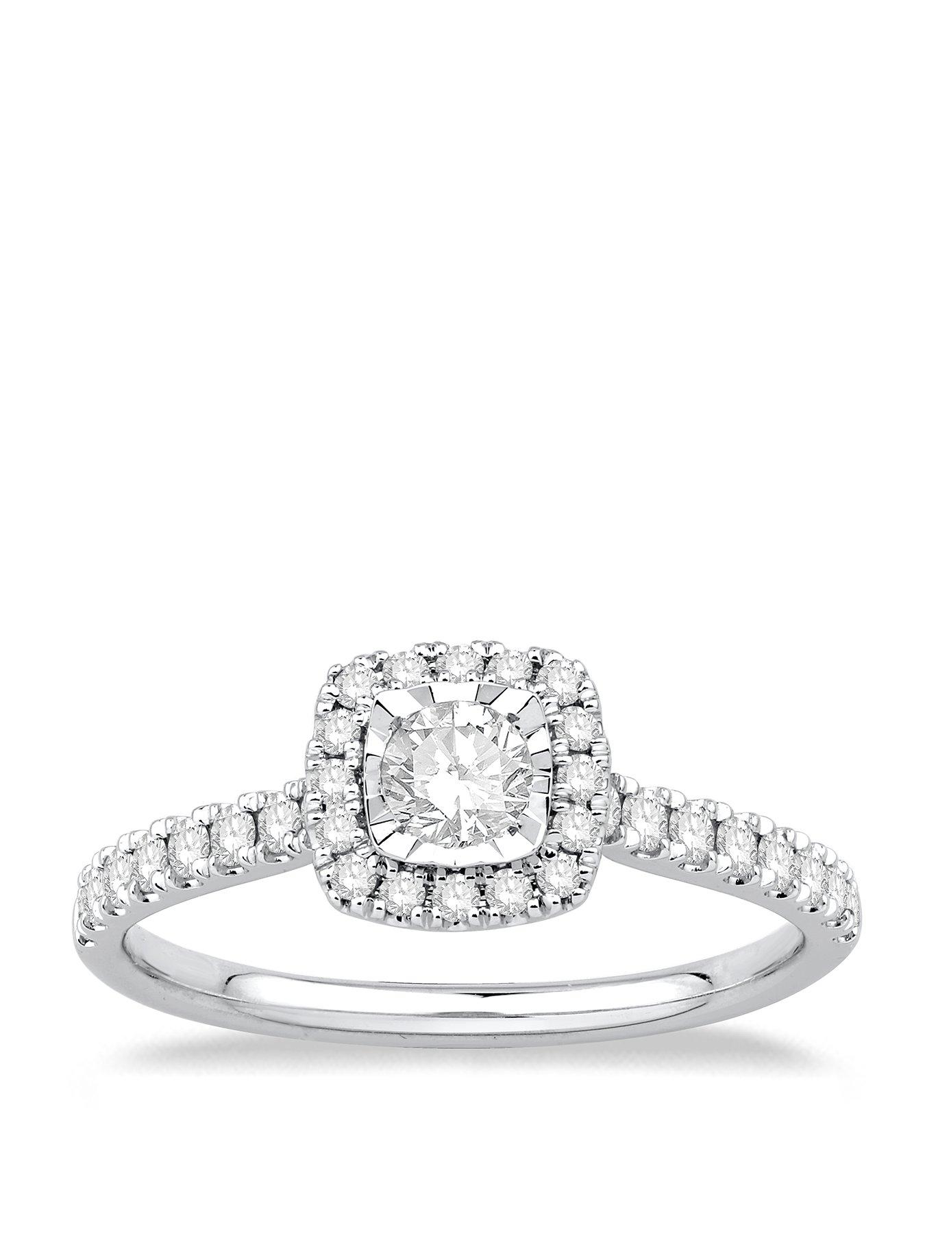 H. Samuel 9ct White Gold Engagement Ring. 0.50ct Cushion Halo Diamond Ring