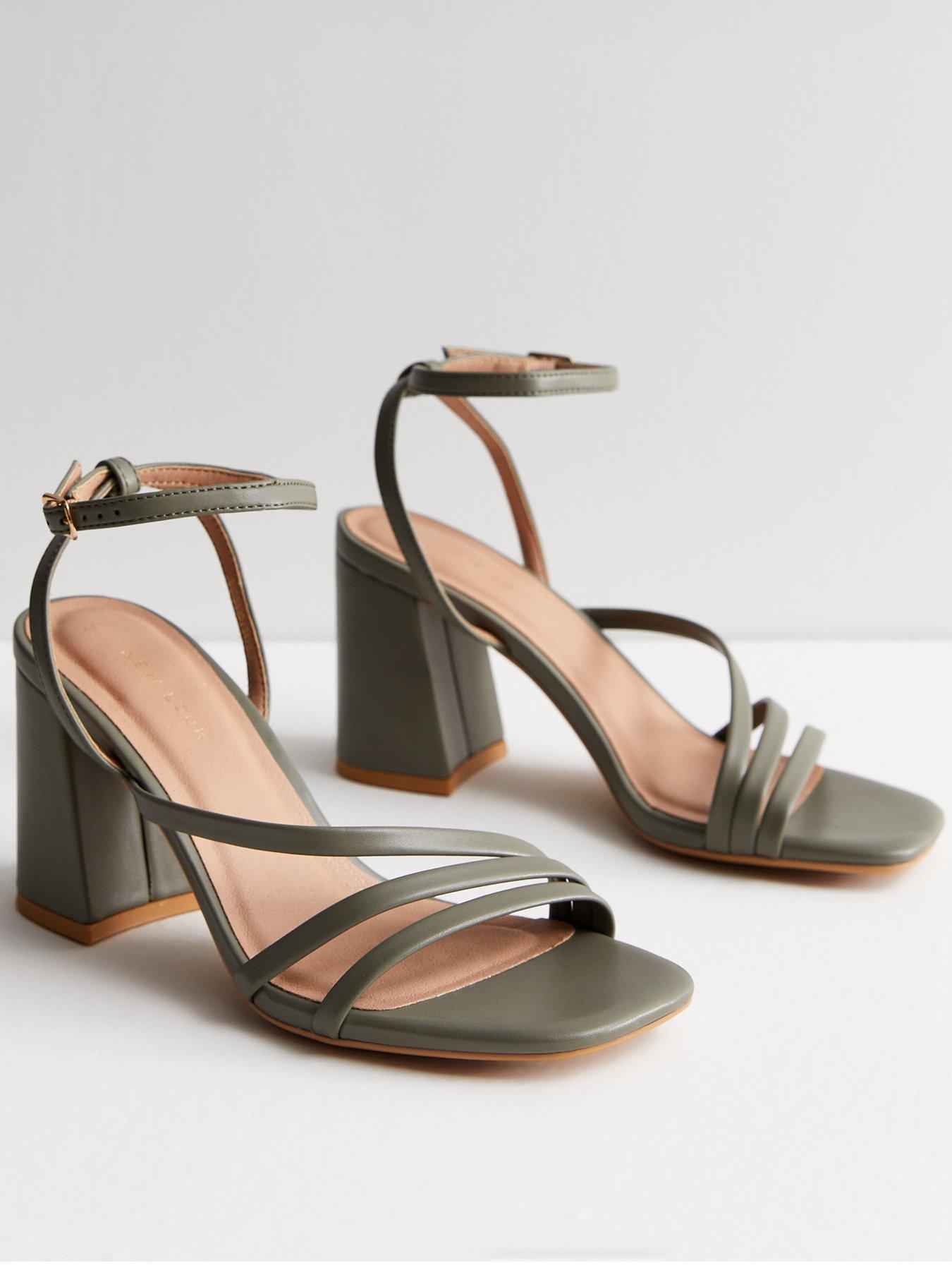 Khaki Leather Look Strappy Block Heel Sandals