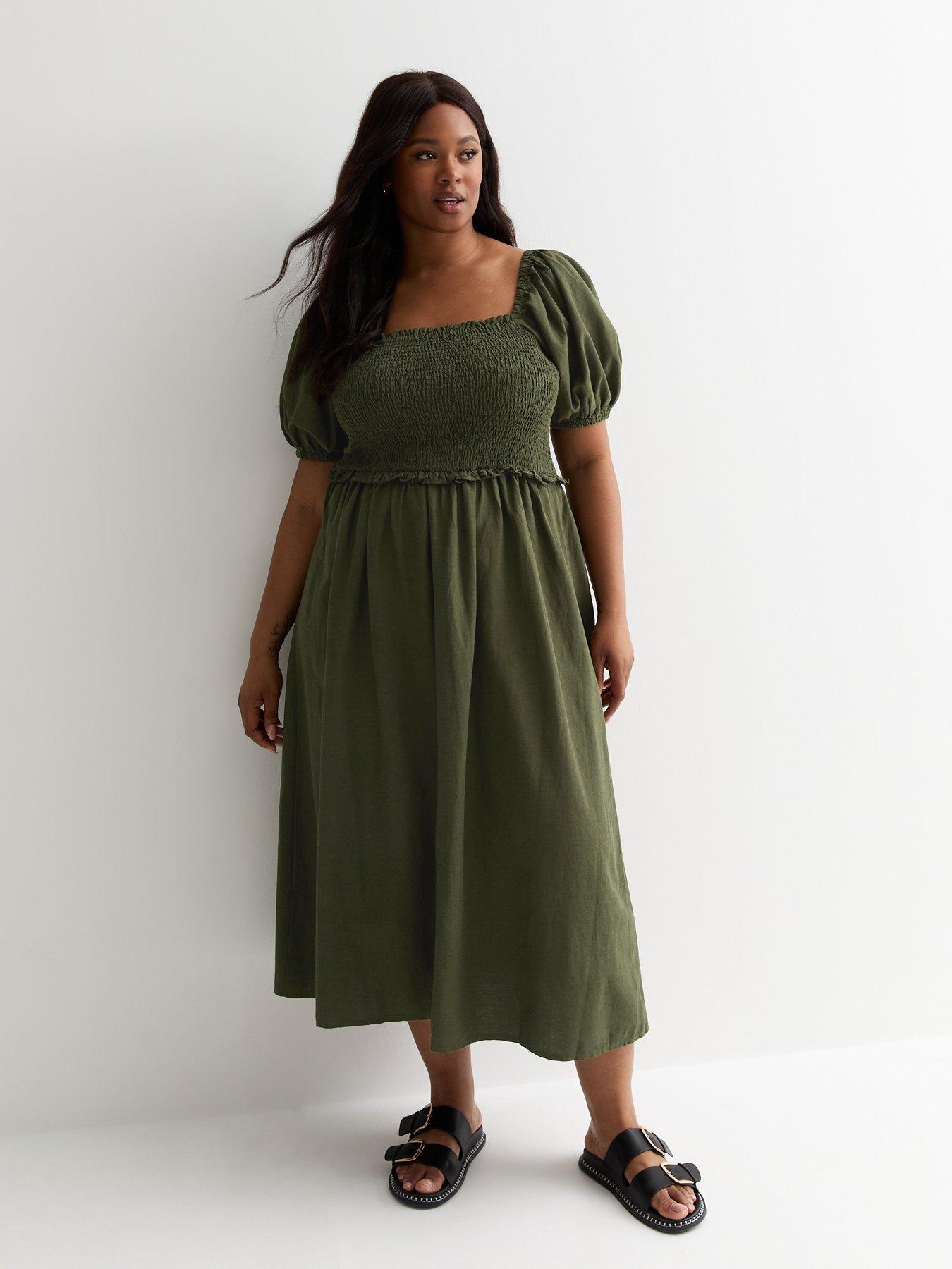 Curves Khaki Square Neck Shirred Midi Dress Green