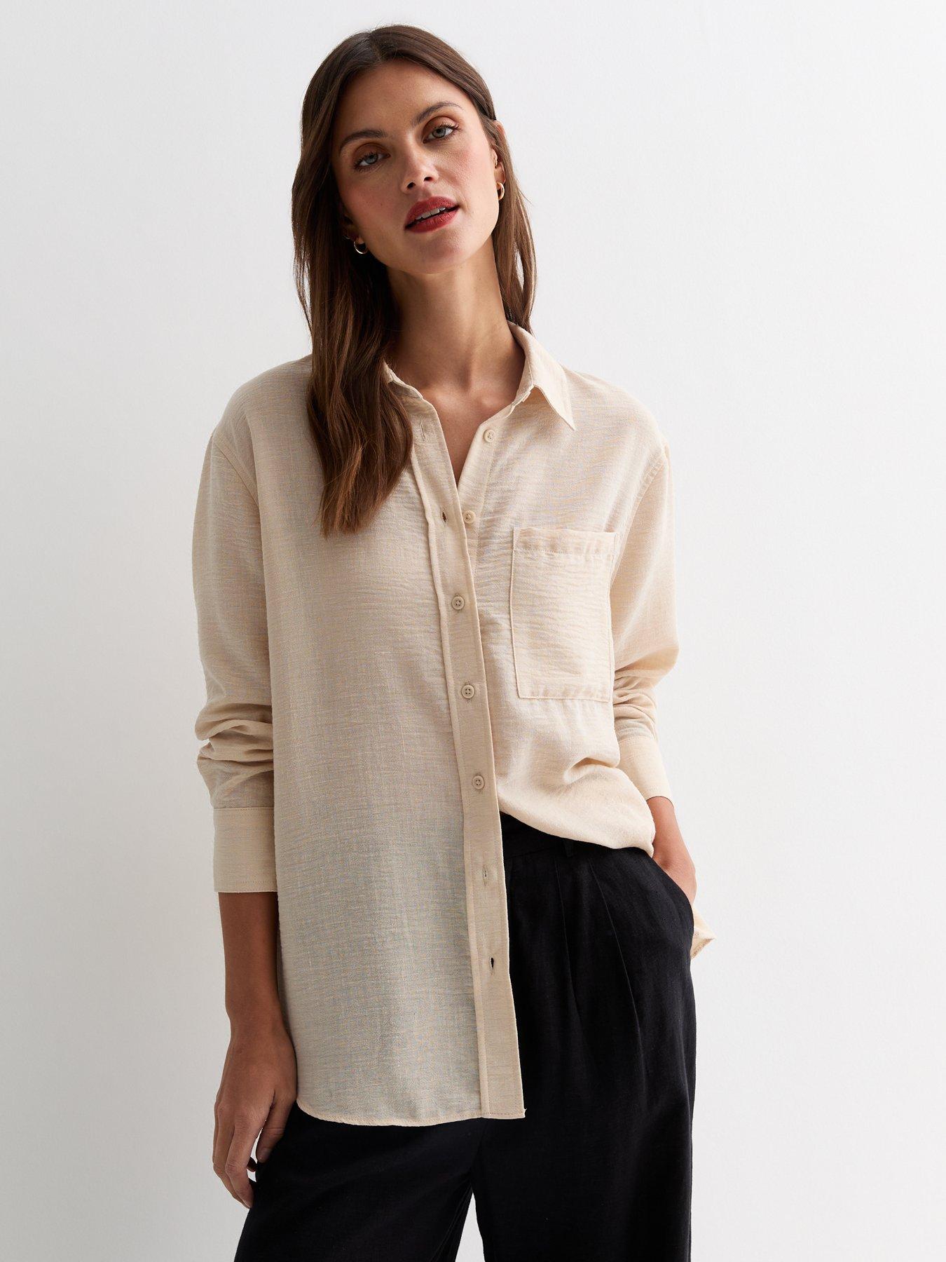 undefined Stone Linen-look Long Sleeve Shirt