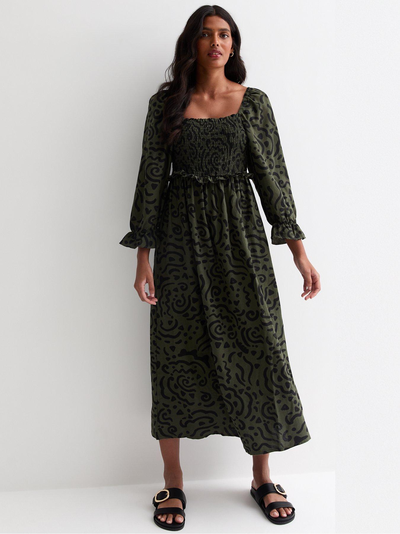undefined Green Abstract Print Square Neck Midi Dress