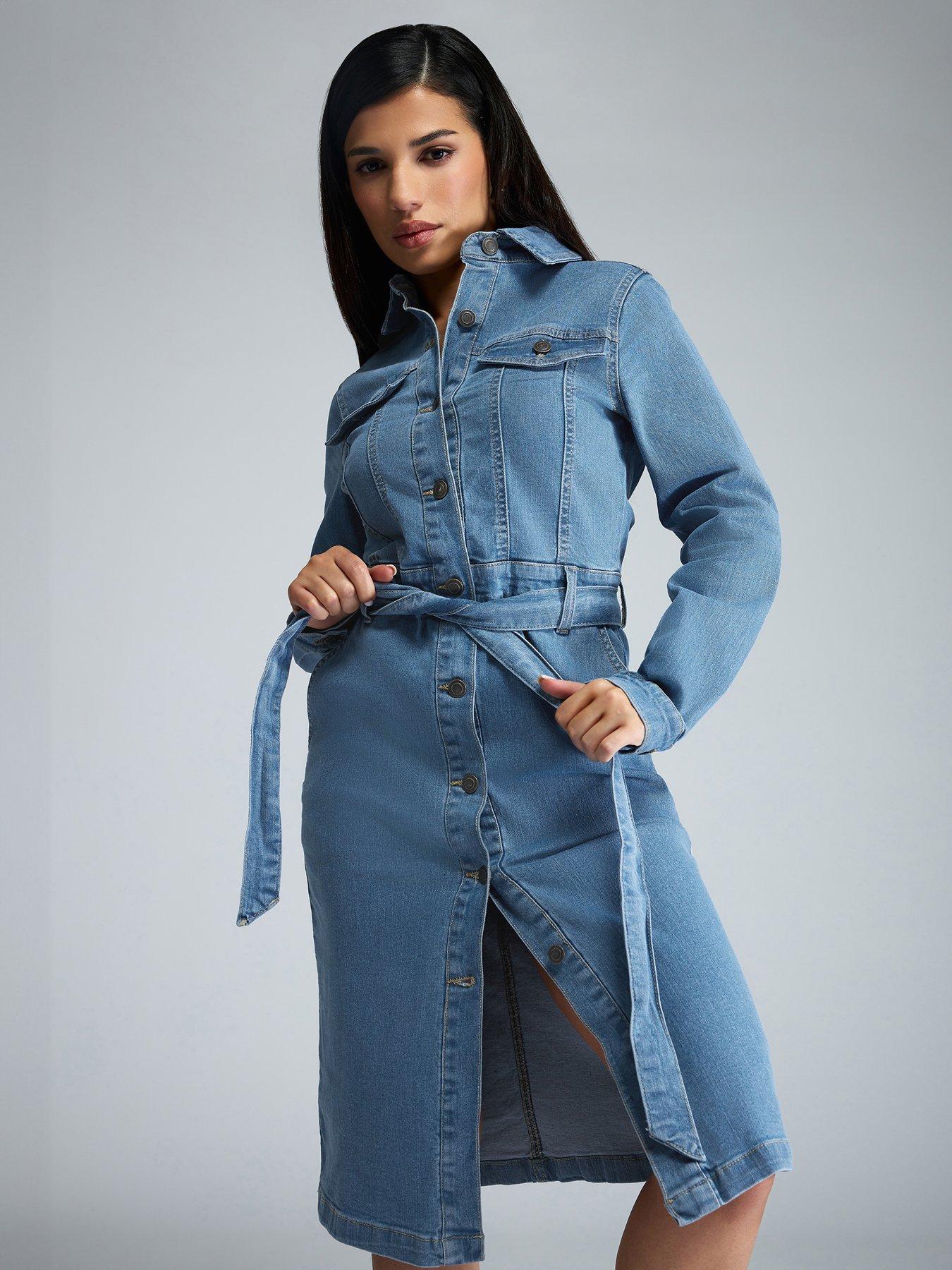 undefined Petite Midi Denim Belted Dress - Blue