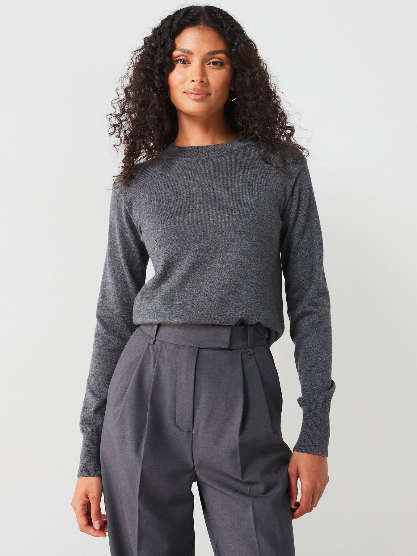  image of v-by-very-premium-merino-wool-crew-neck-jumper-grey