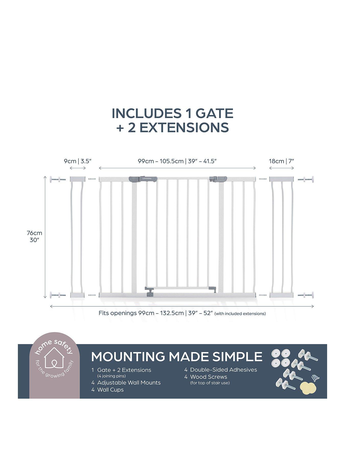 stillFront image of dreambaby-ava-wide-gate-with-1-x-9cm-and-1-x-18cm-extensionnbsp--white