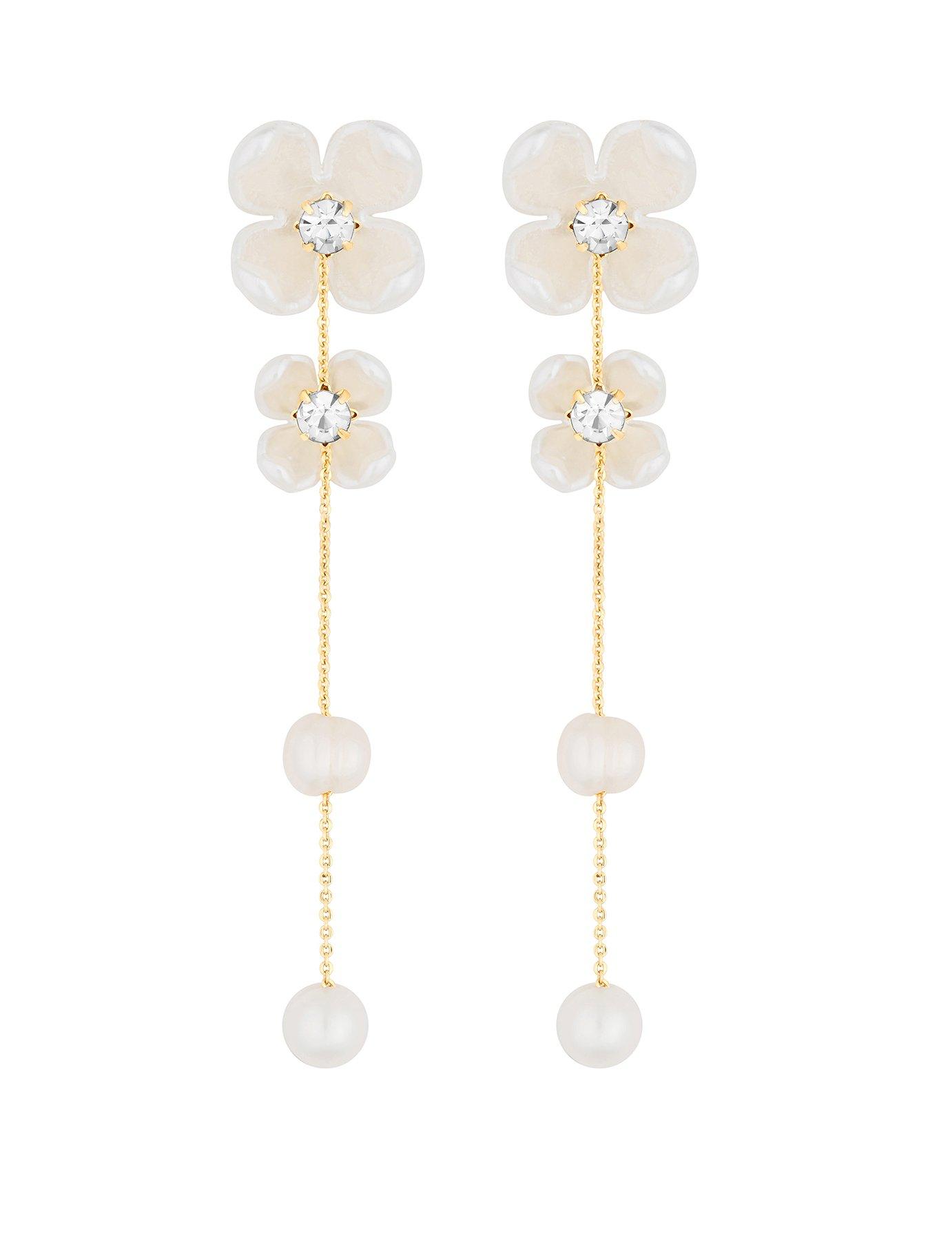 undefined White Floral And Freshwater Pearl Linear Earring