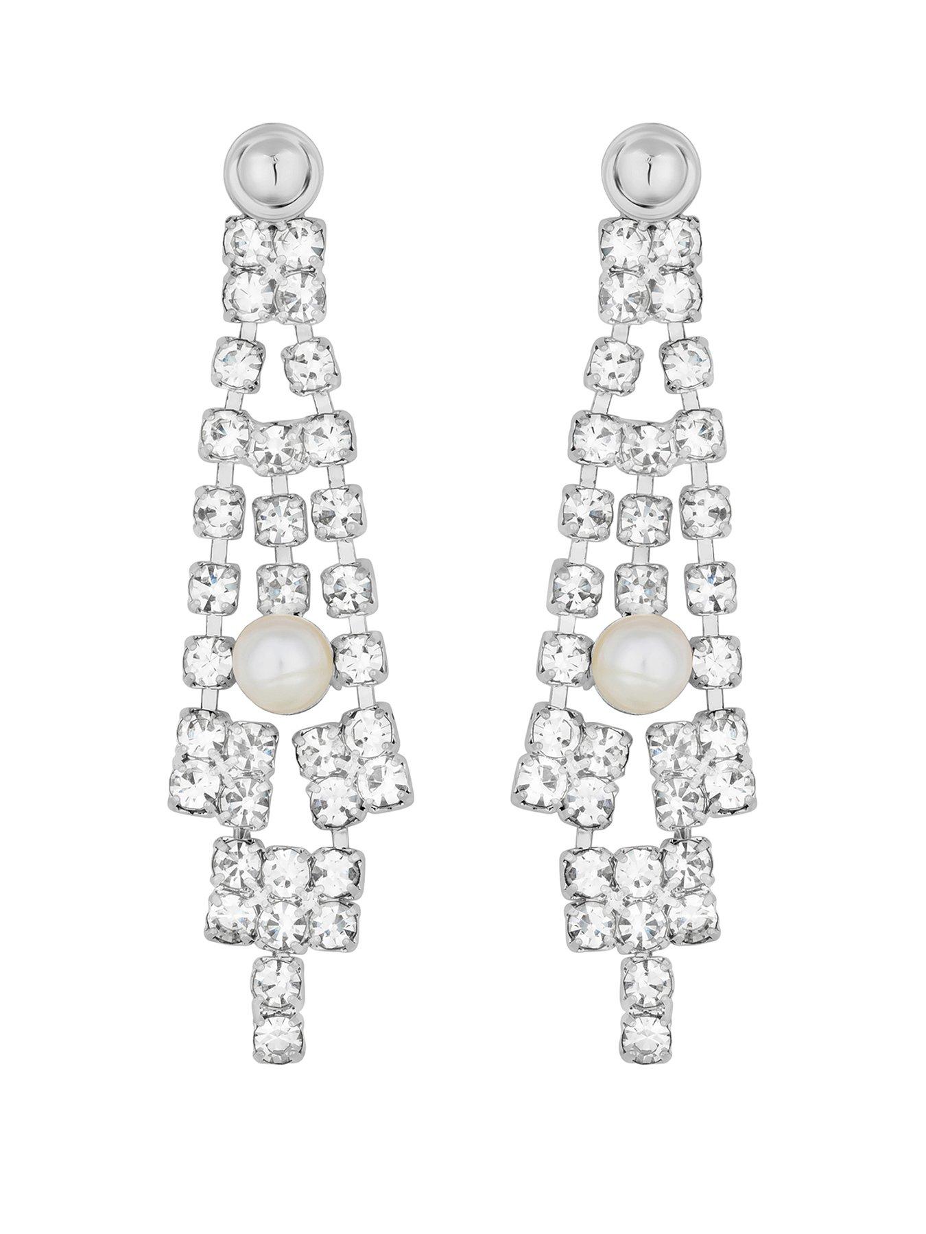  image of jon-richard-silver-plate-pearl-and-crystal-v-drop-earring