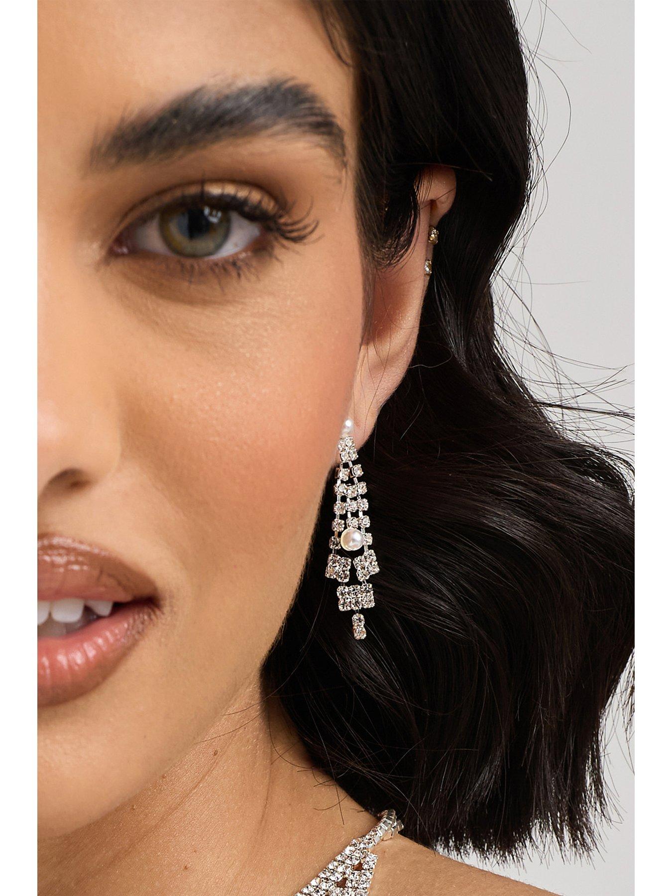  image of jon-richard-silver-plate-pearl-and-crystal-v-drop-earring