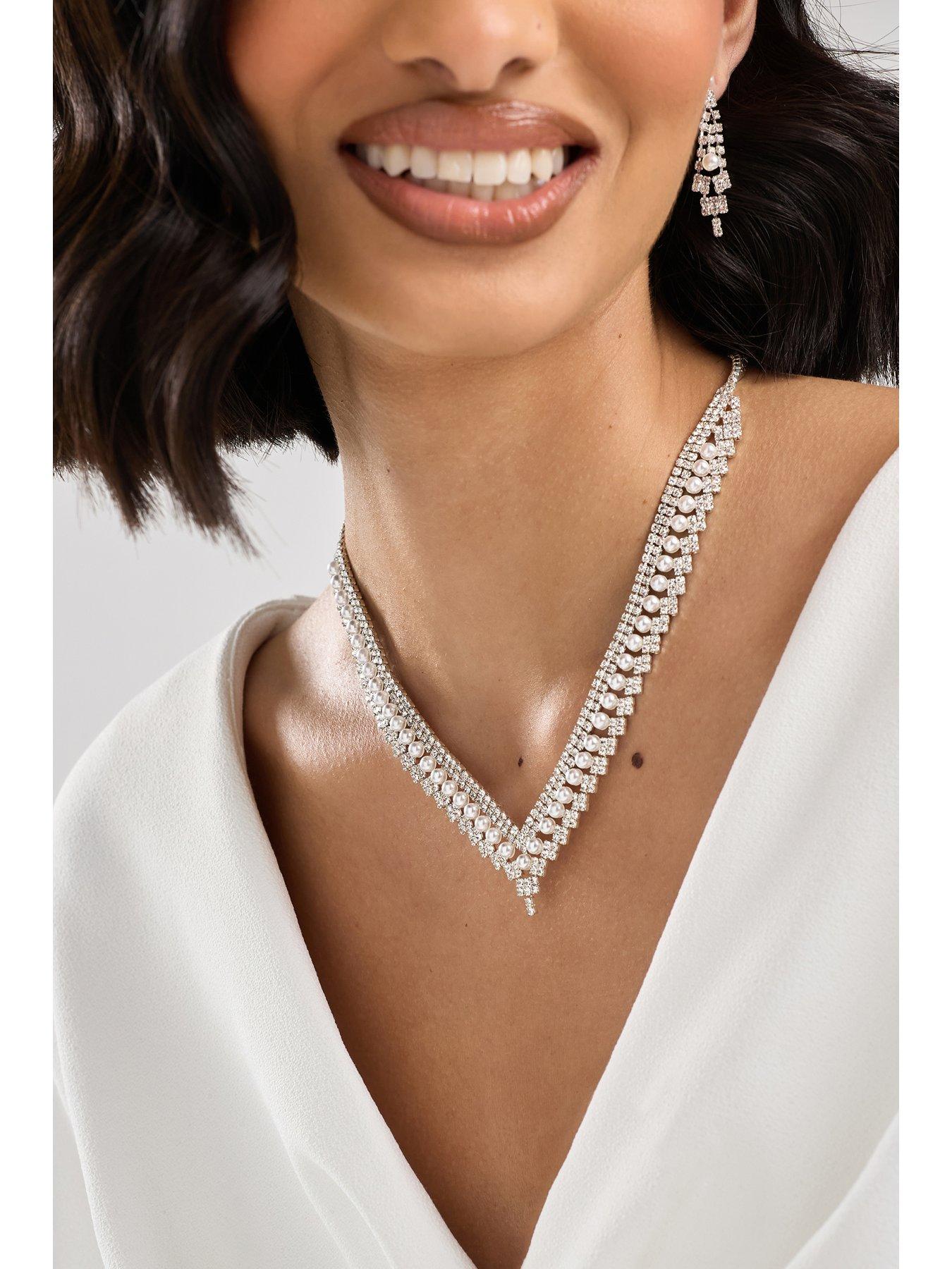 image of jon-richard-silver-plate-pearl-and-crystal-v-drop-earring