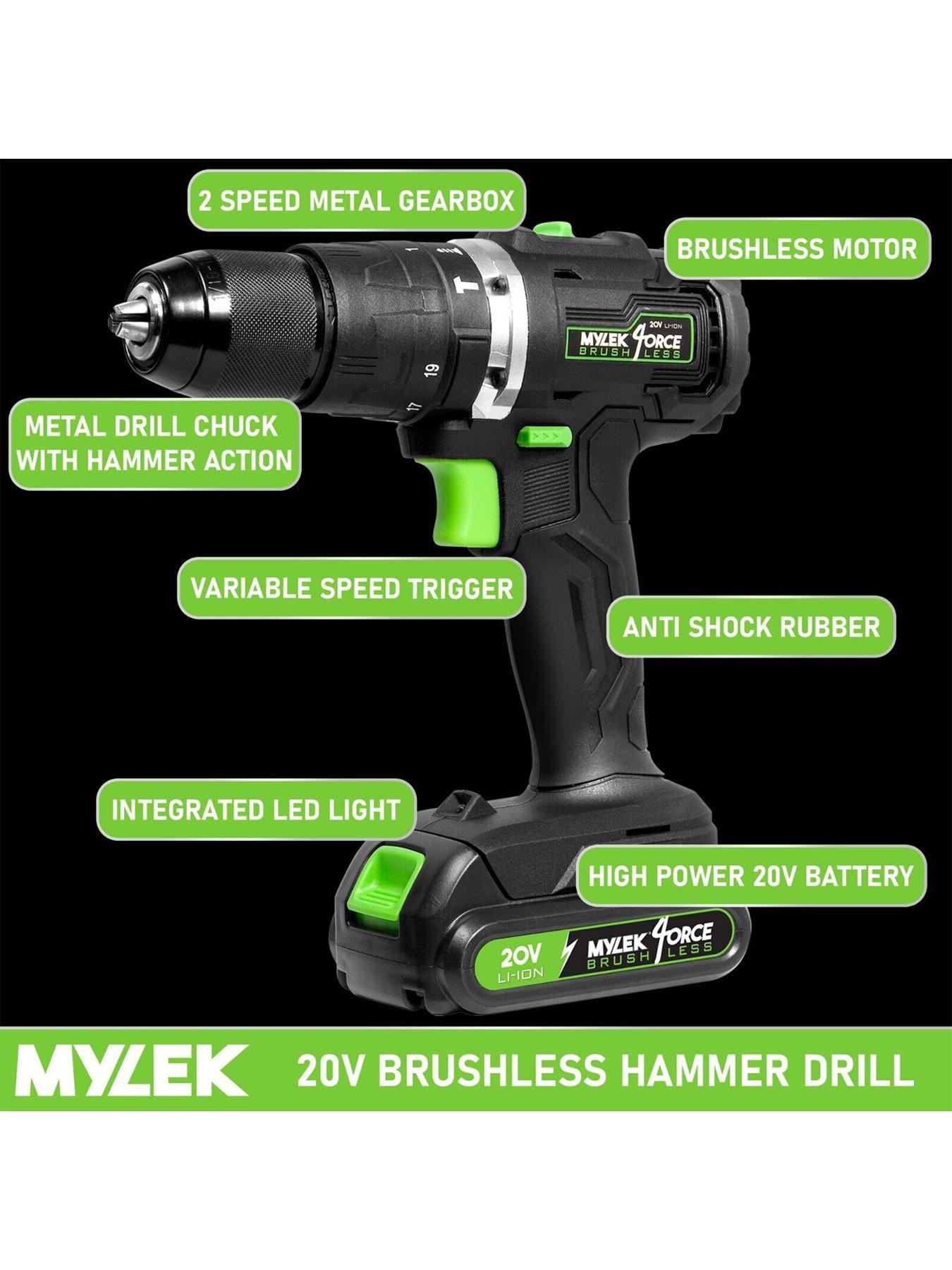 Image 2 of 7 of Mylek Cordless Drill 20V Brushless Driver Impact Hammer Action Combi Set with 2.0Ah Battery and Fast Charger, 50Nm Electric Screwdriver, 19+3 Torque,