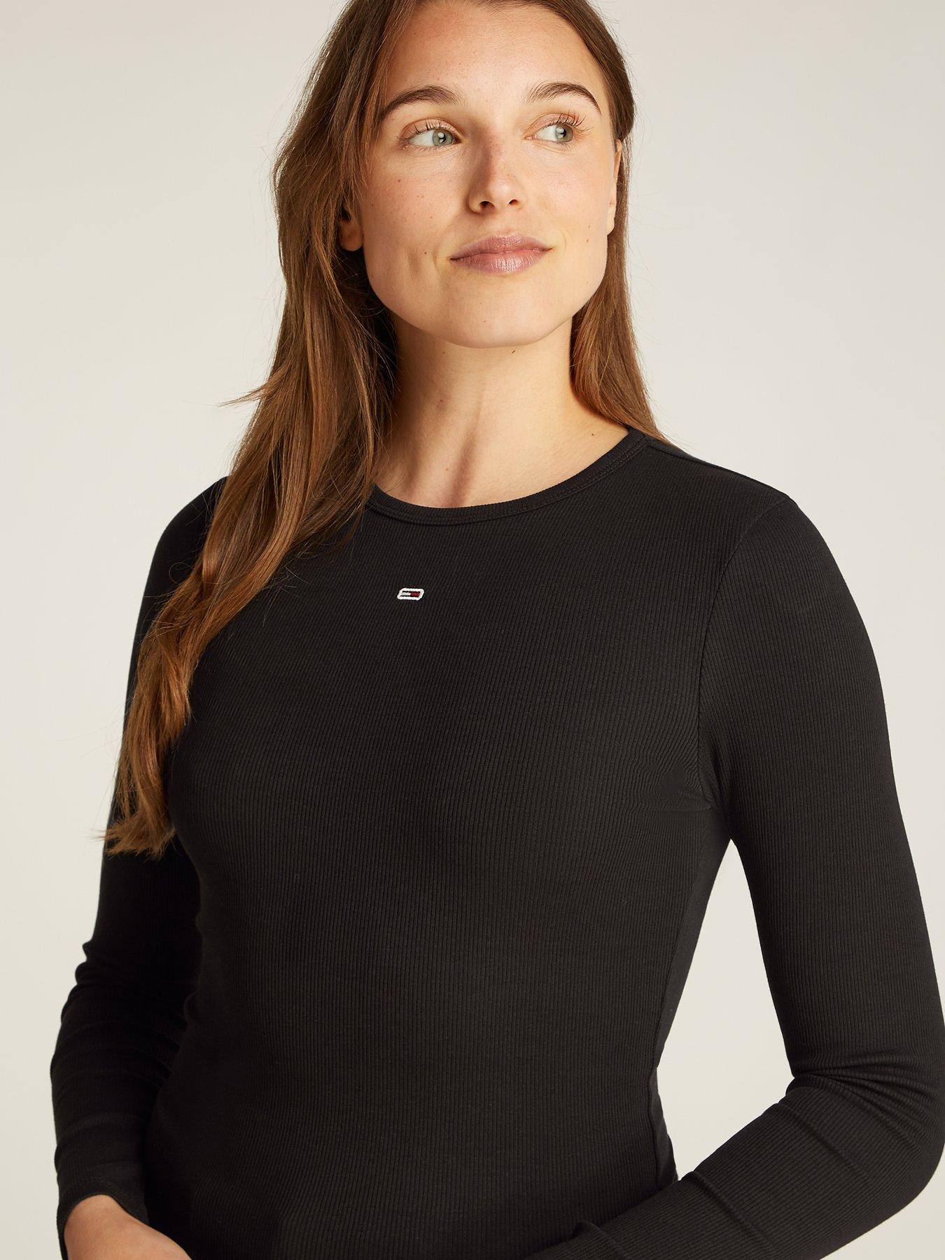 undefined Long Sleeve Ribbed Logo Top - Black