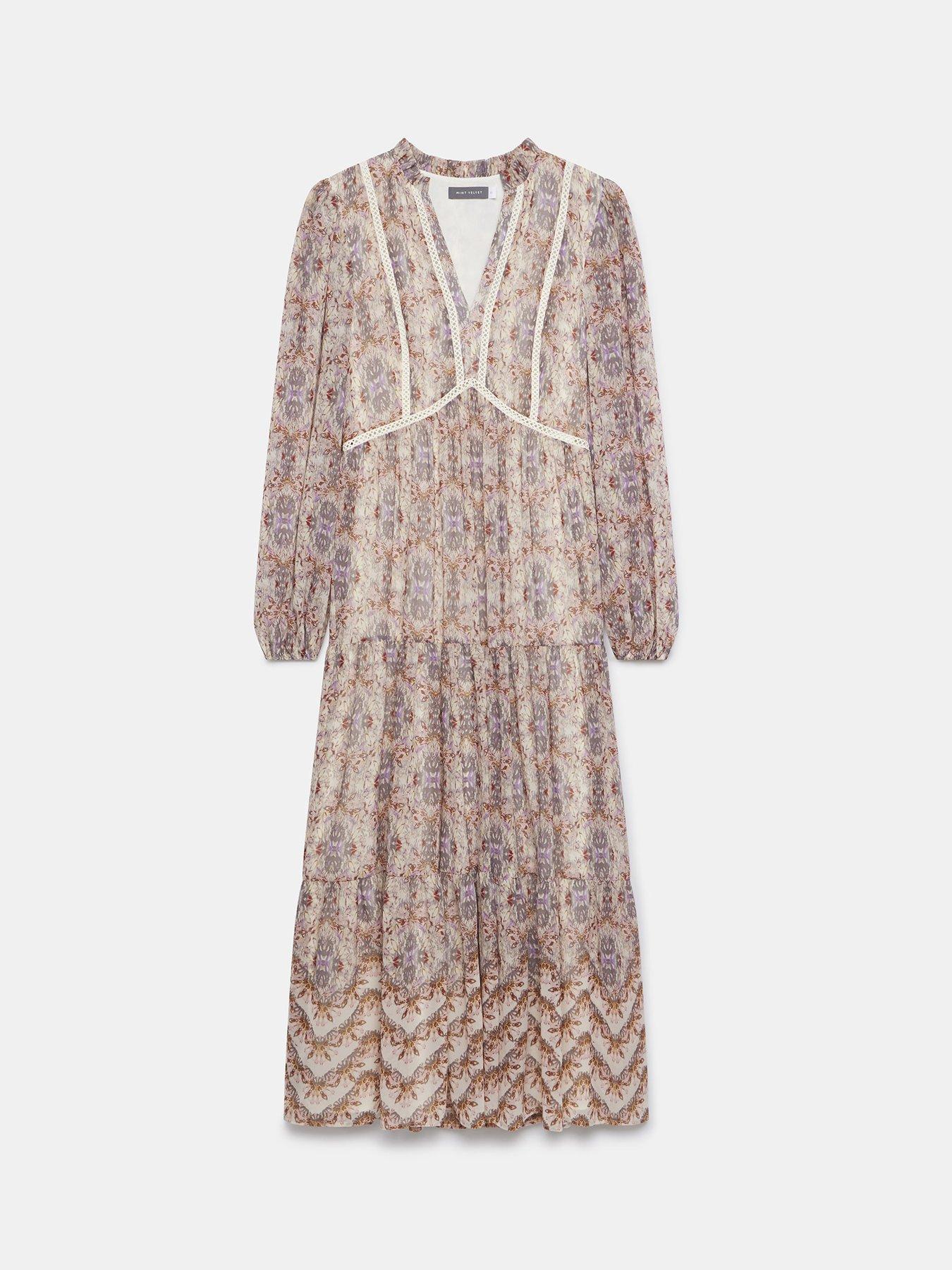 mint velvet boho maxi dress Mint Velvet Cream Printed Boho Maxi Dress | Size 02 | Cream | Long Sleeve
