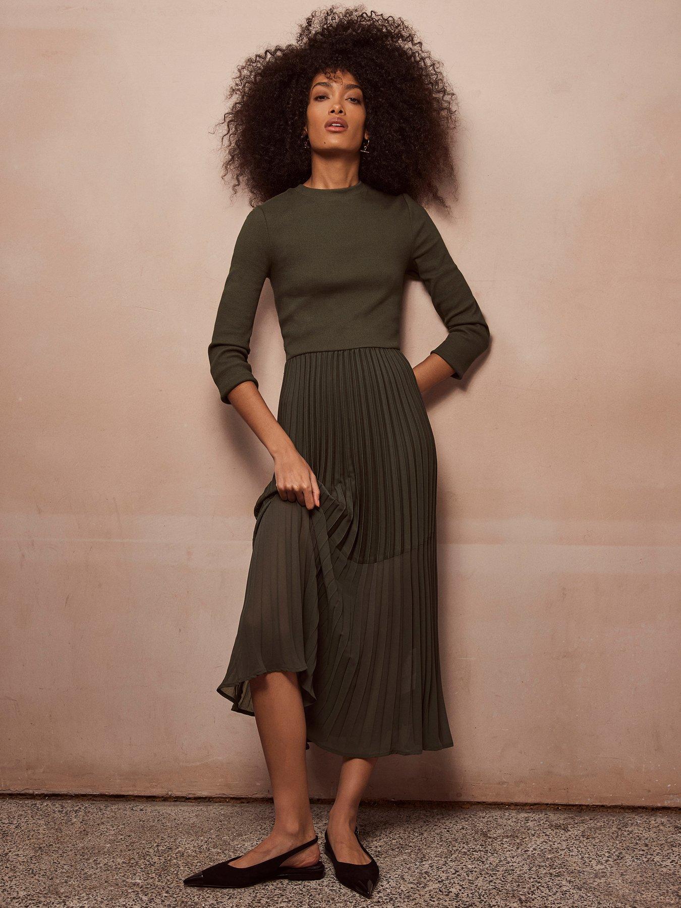 Mint Velvet Pleated Sheer Mix Midi Dress