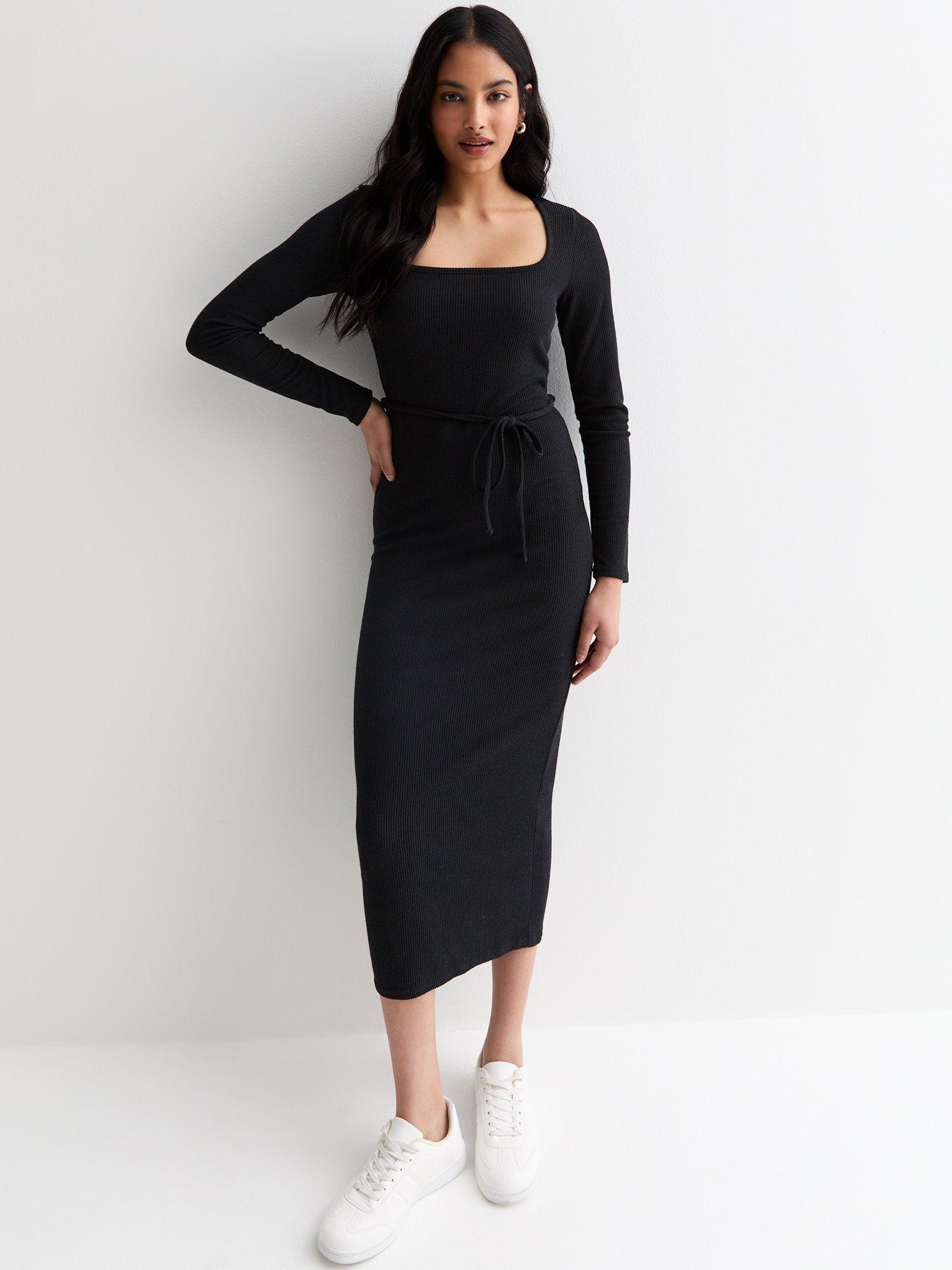 New Look Ribbed Square Neck Midi Dress Black littlewoods