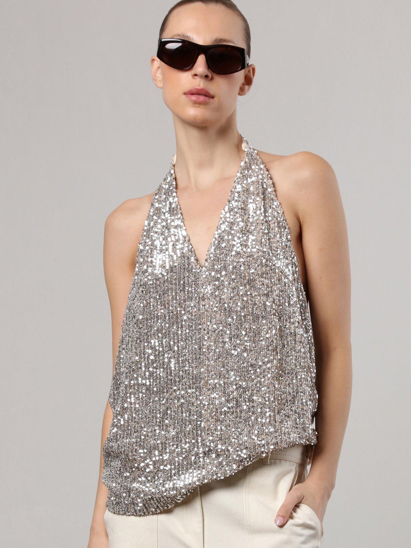 undefined Metallic Sequin Backless Top With Halter Neck - Silver