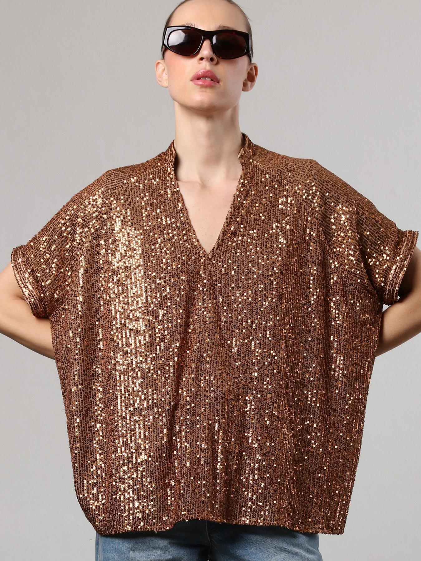 undefined Metallic Oversized Tunic Blouse In Sequin - Brown