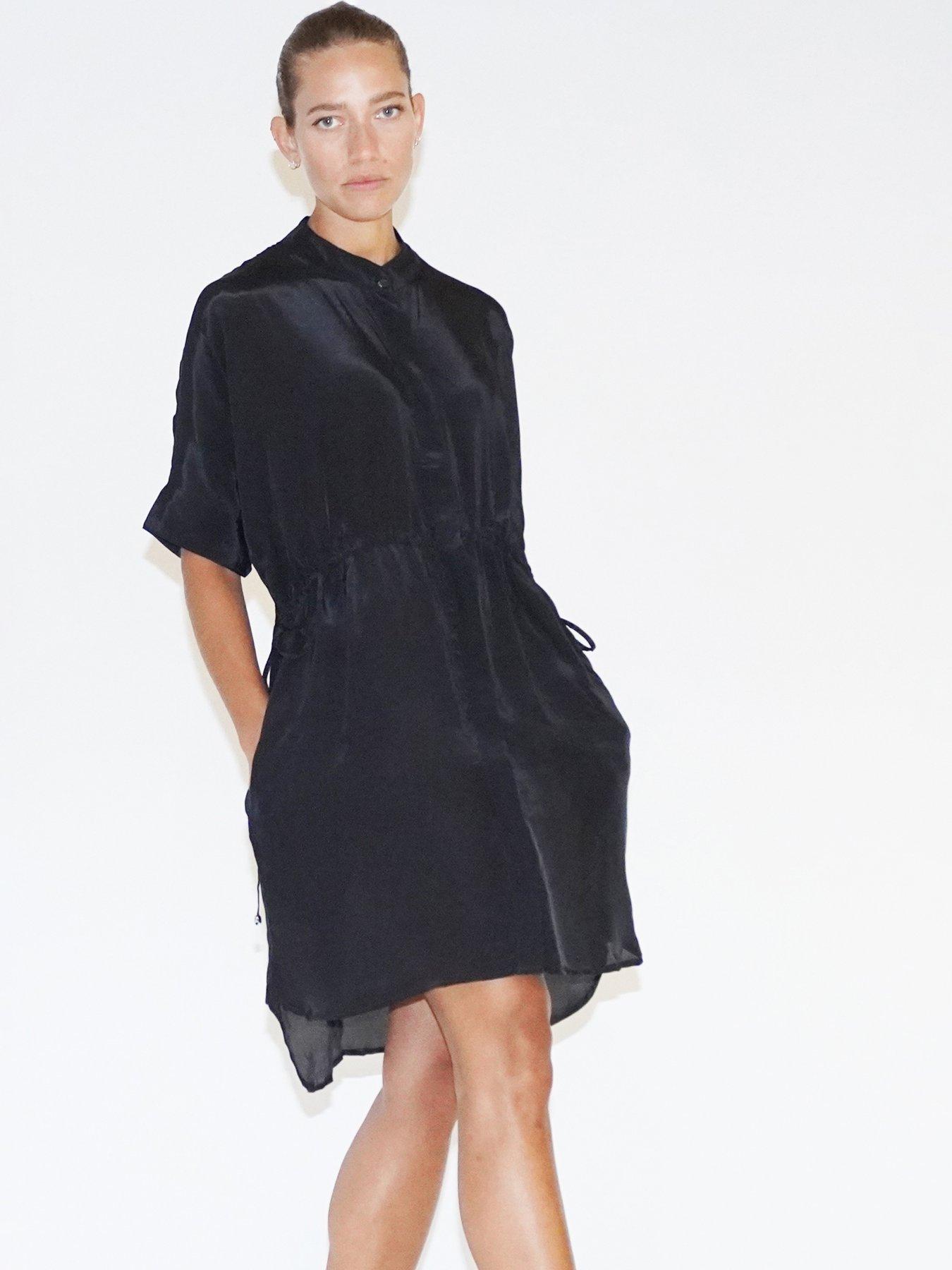  image of religion-loose-fitting-tunic-shirt-dress-with-tie-waist-black