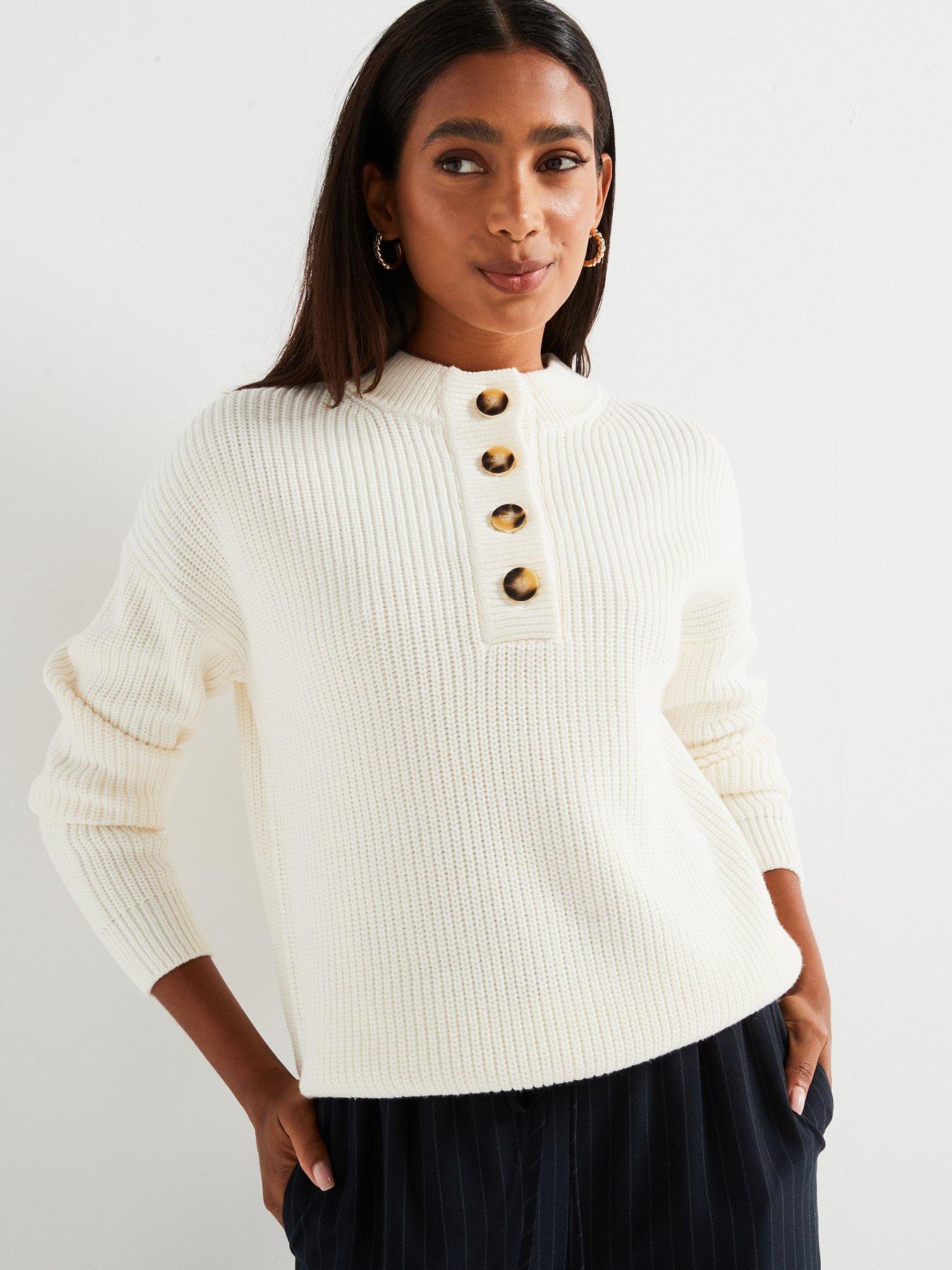 V by Very Button Front Ribbed Jumper Cream littlewoods