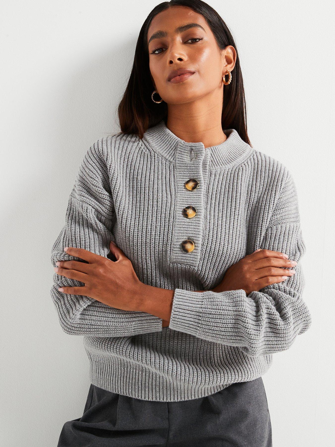 V by Very Button Front Ribbed Jumper Grey littlewoods