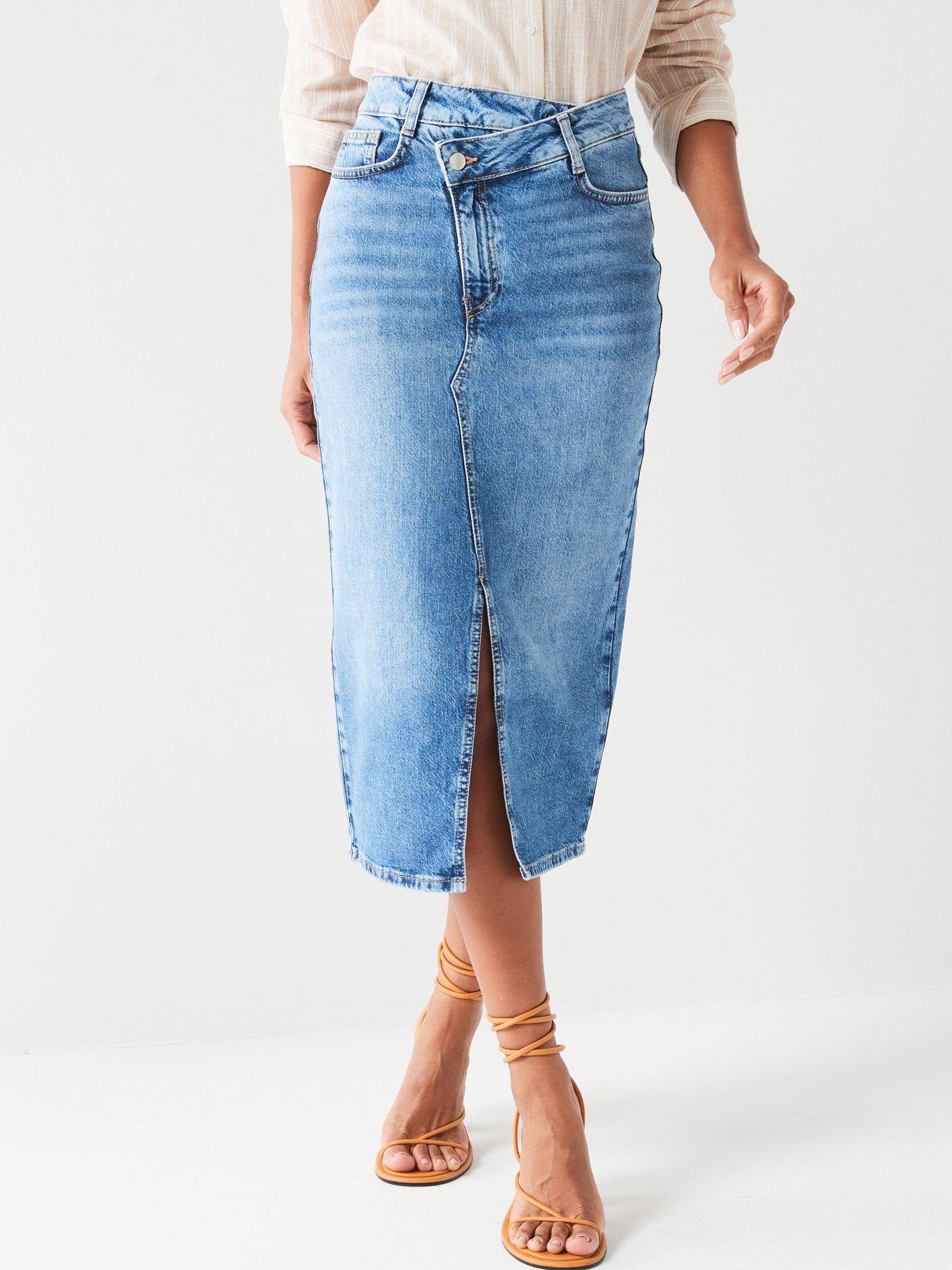 V by Very Wrap Front Denim Midi Skirt Mid Wash littlewoods