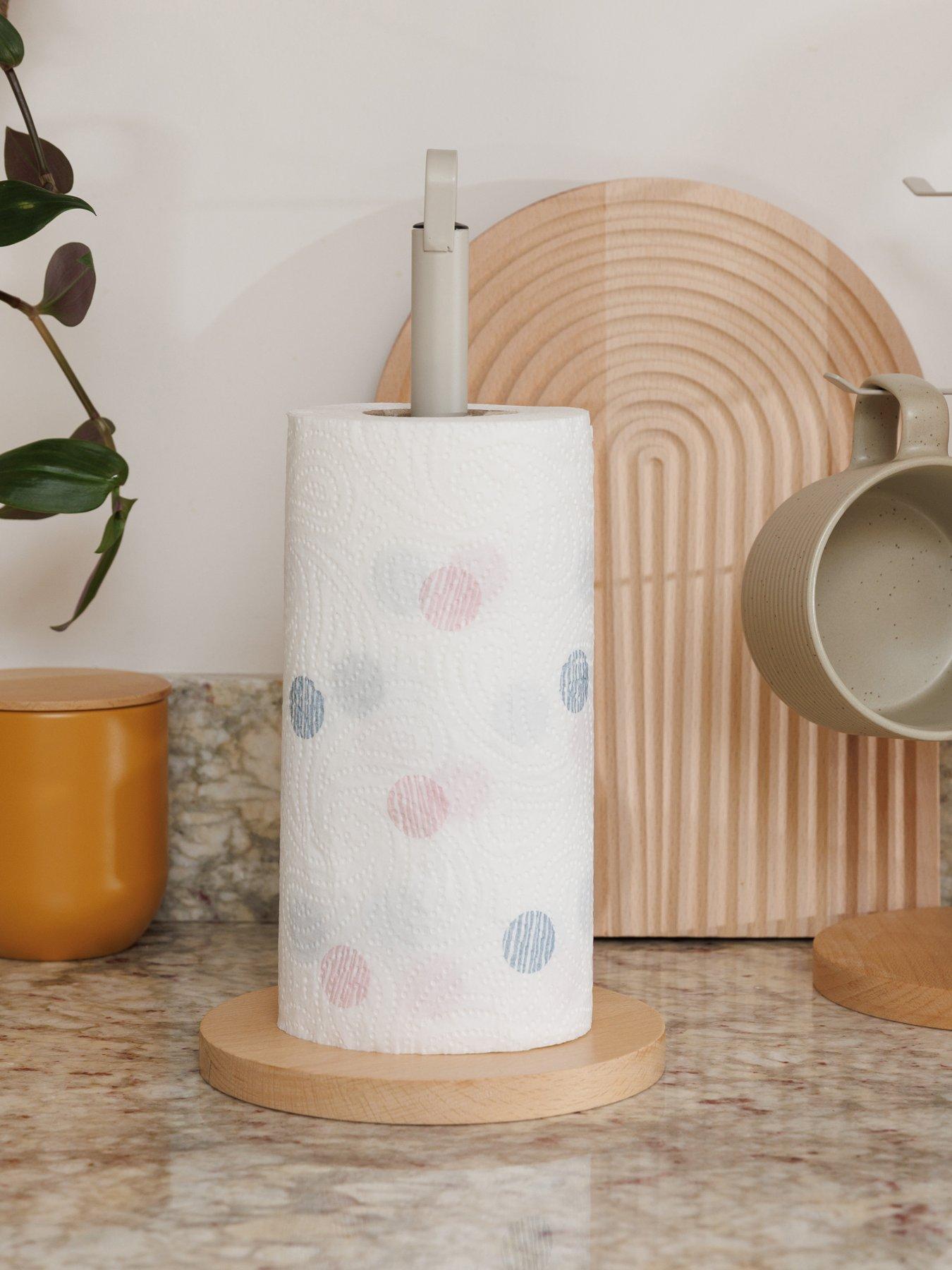 KitchenCraft Idilica Metal Kitchen Roll Holder with Beechwood Base