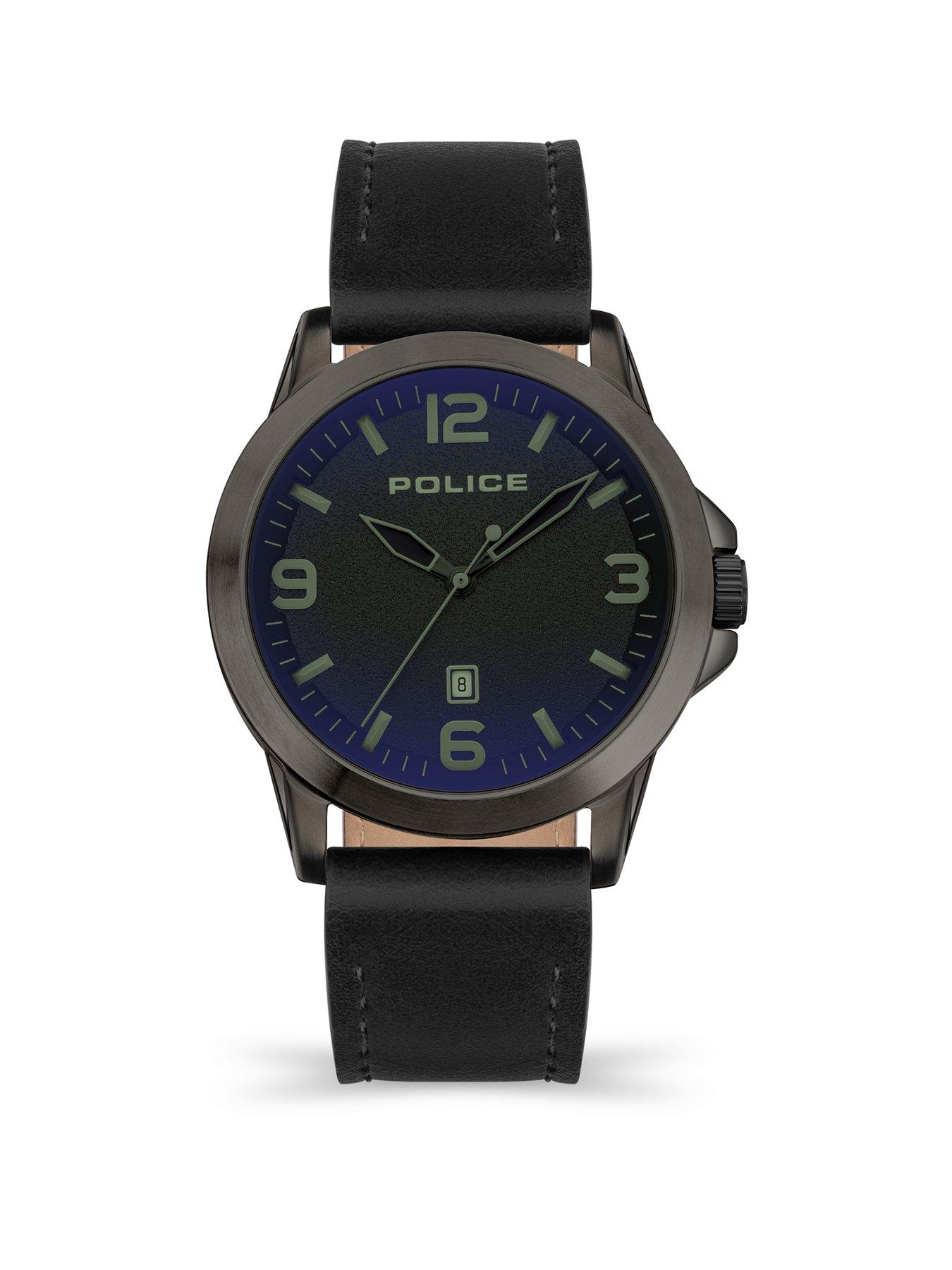 Police watch black leather cheap strap