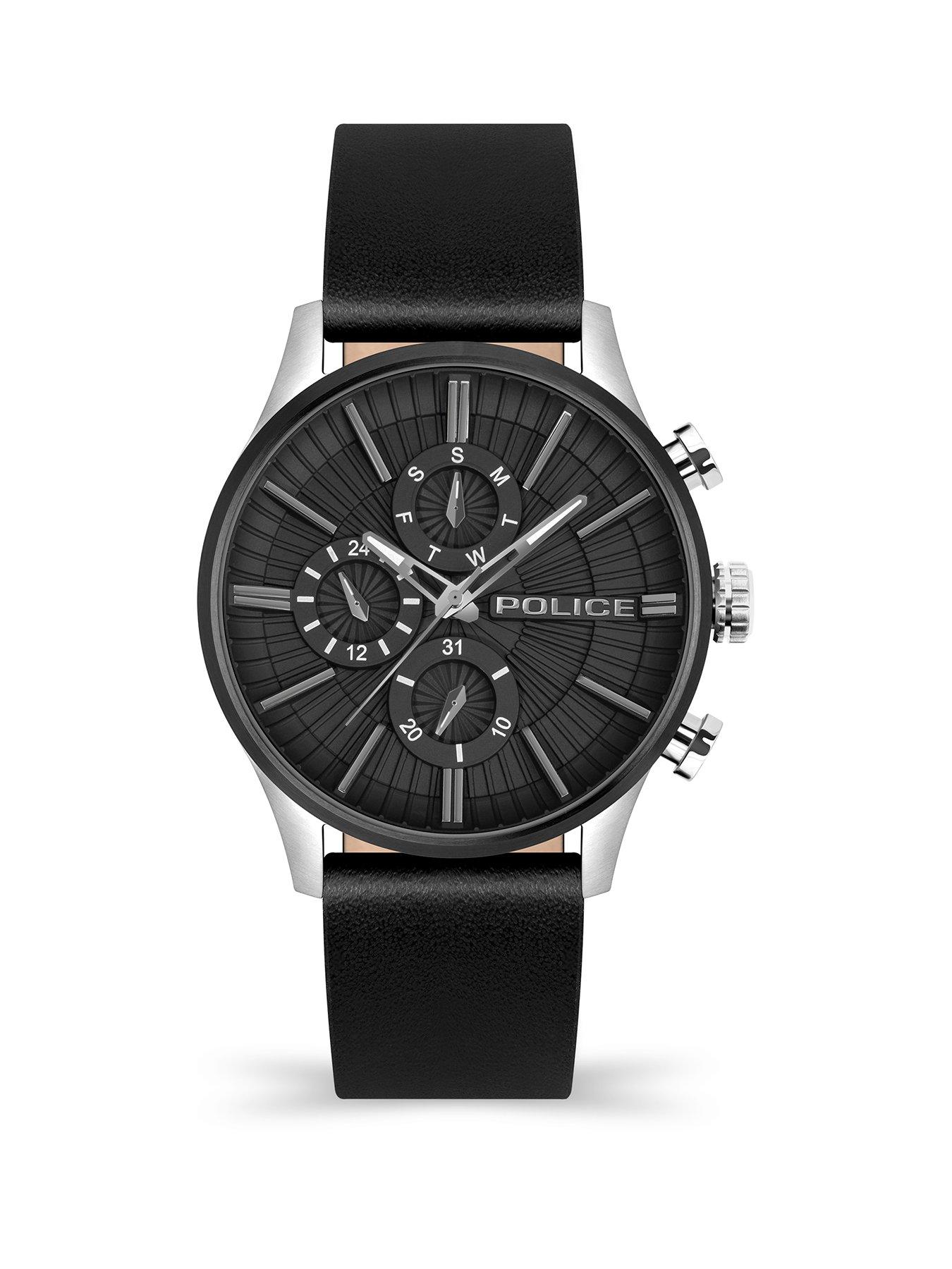 Image 1 of 4 of Police Barter SS Muli Dial Black Leather Strap 5 ATM Watch