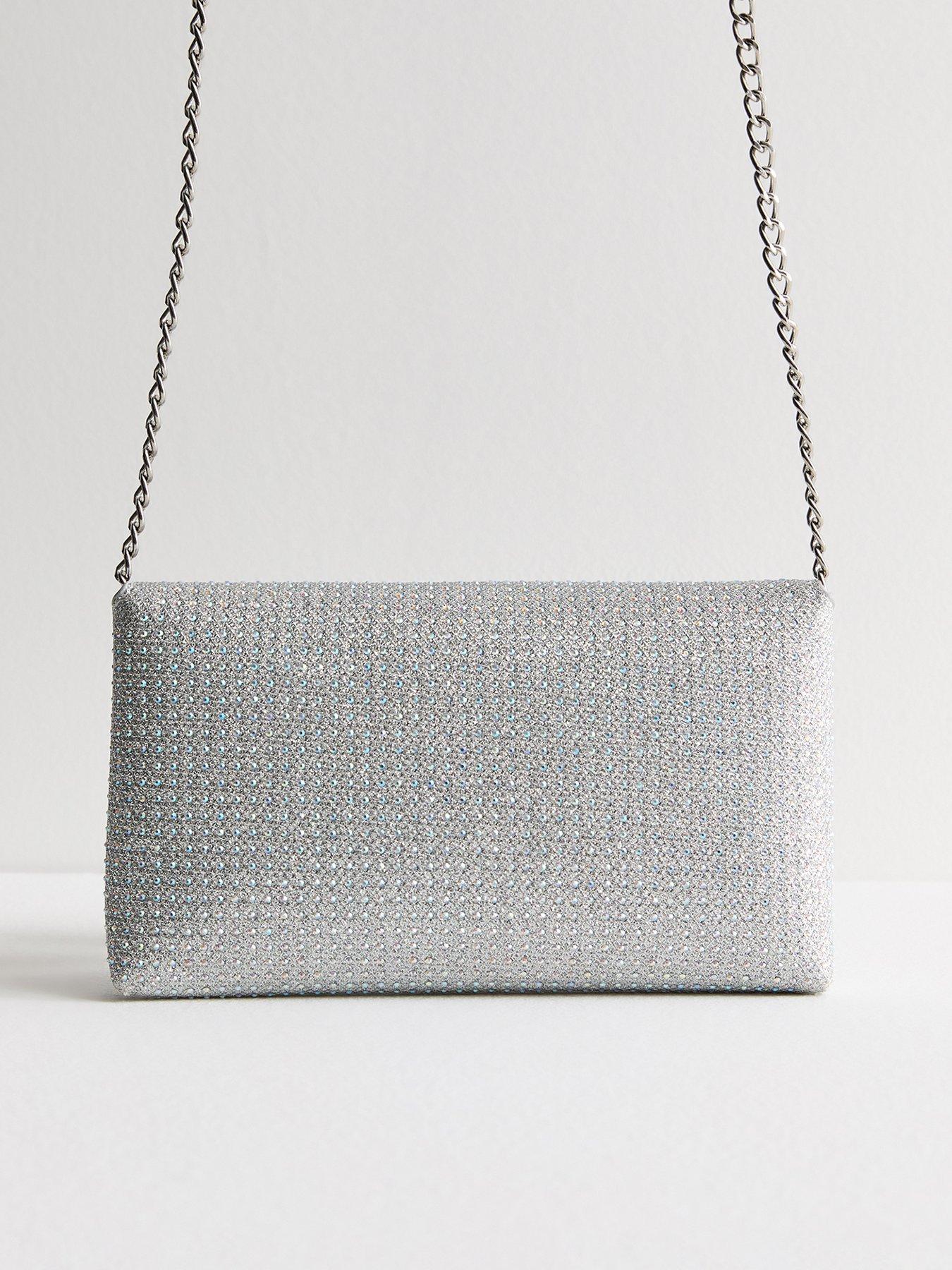 New Look Silver Metallic Diamante Envelope Clutch Bag