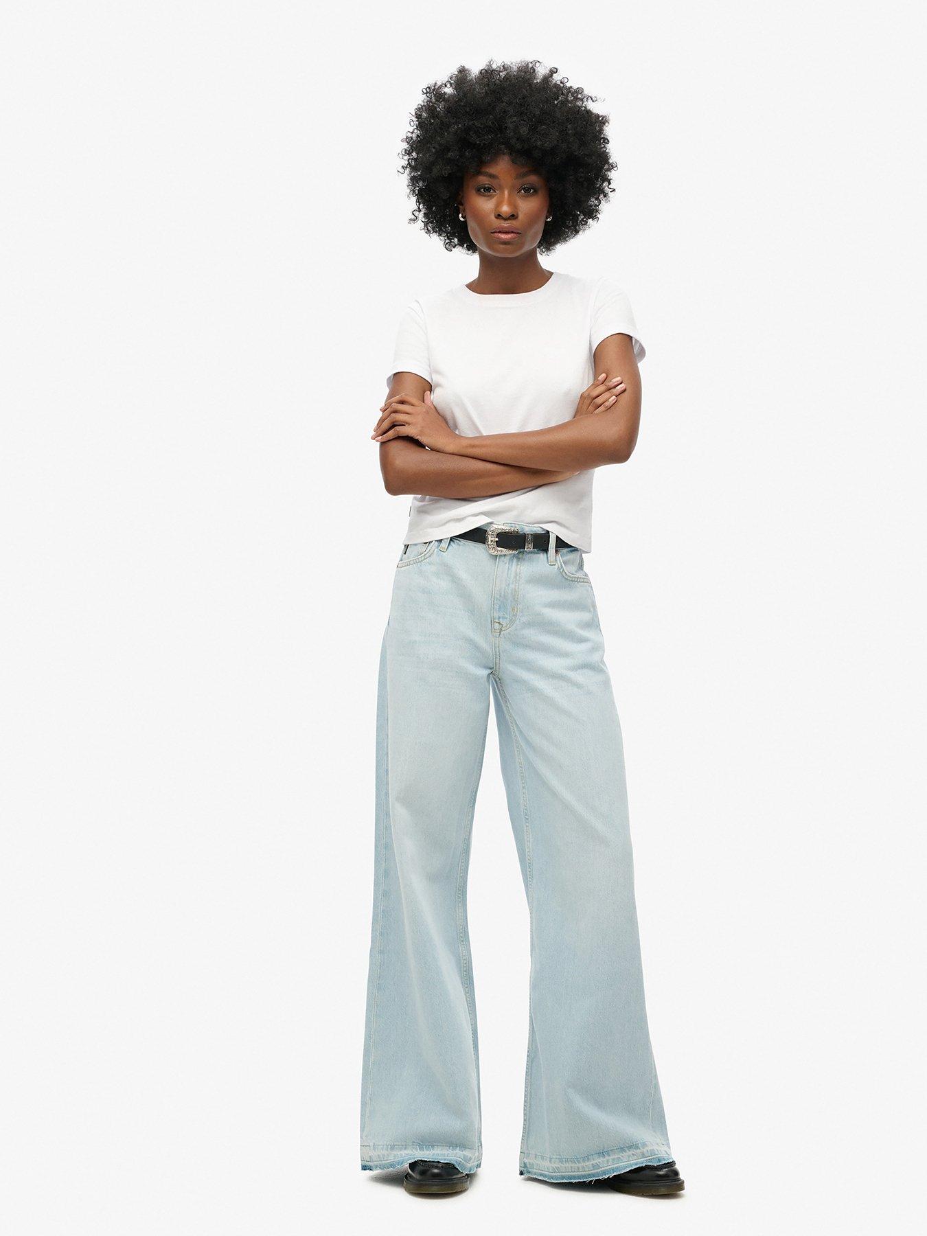 undefined Raw Hem Wide Leg Flare Jeans - Blue