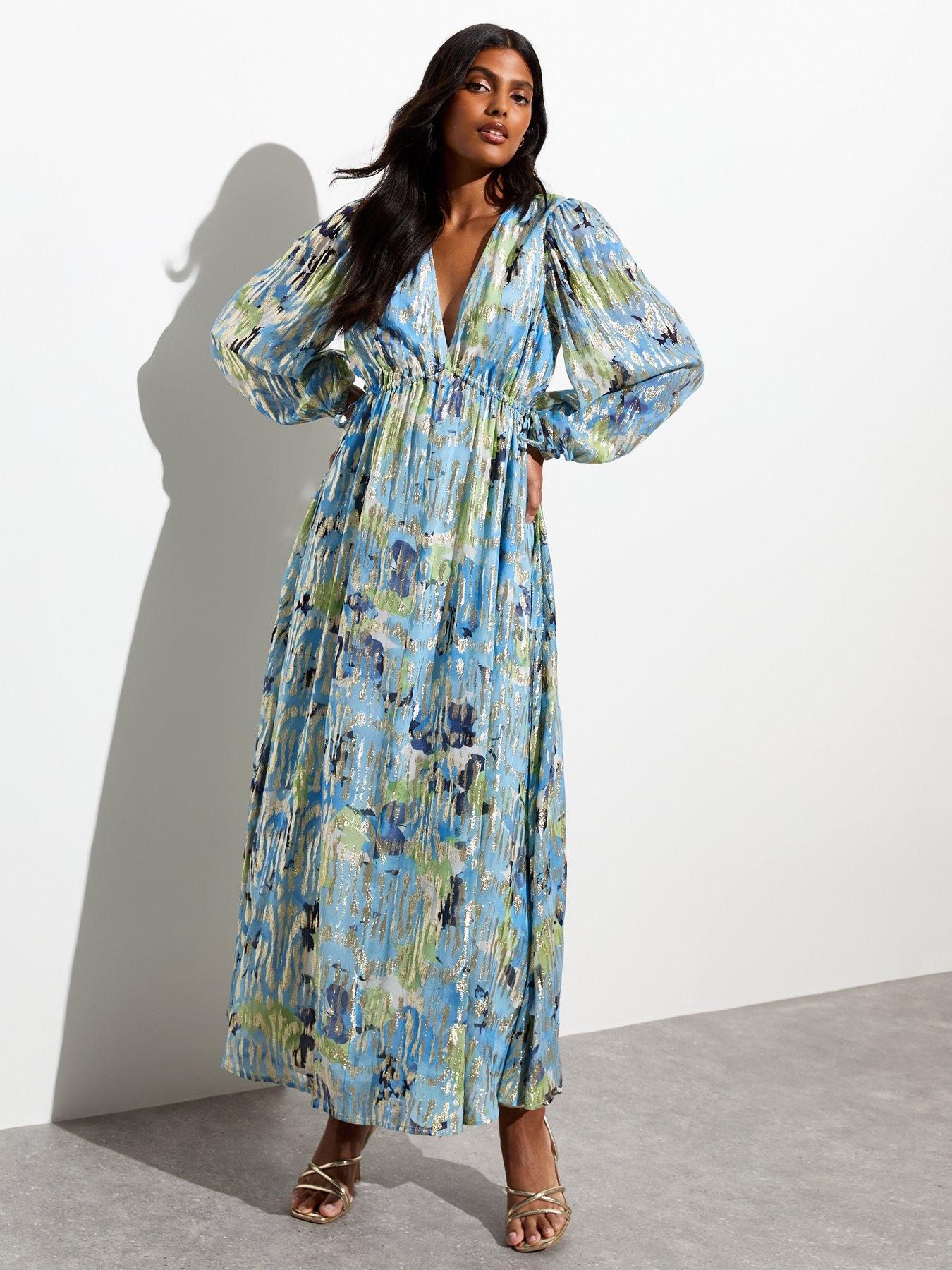 New Look Blue Floral Foil V Neck Long Sleeve Maxi Dress littlewoods