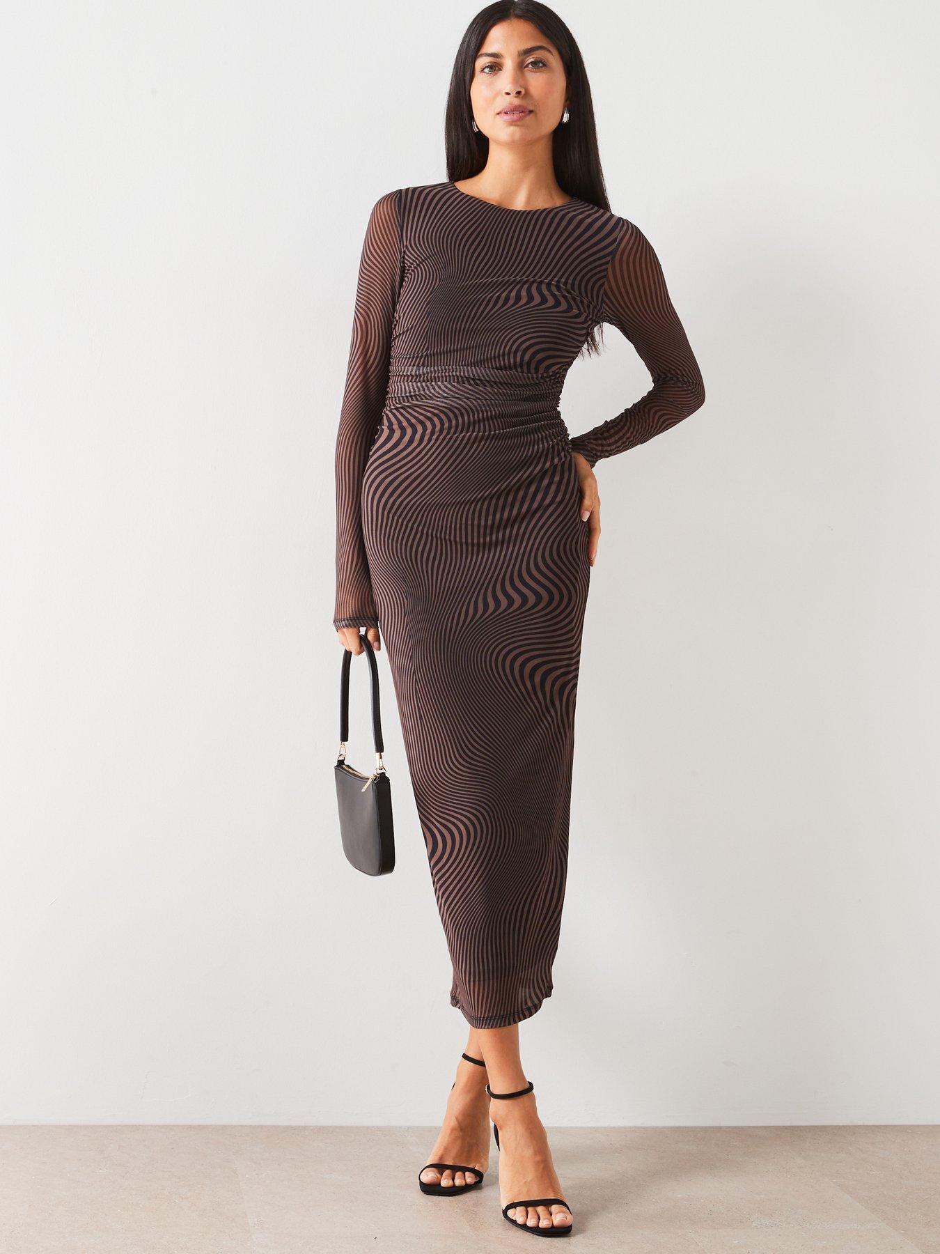 undefined Long Sleeve Mesh Dress - Brown