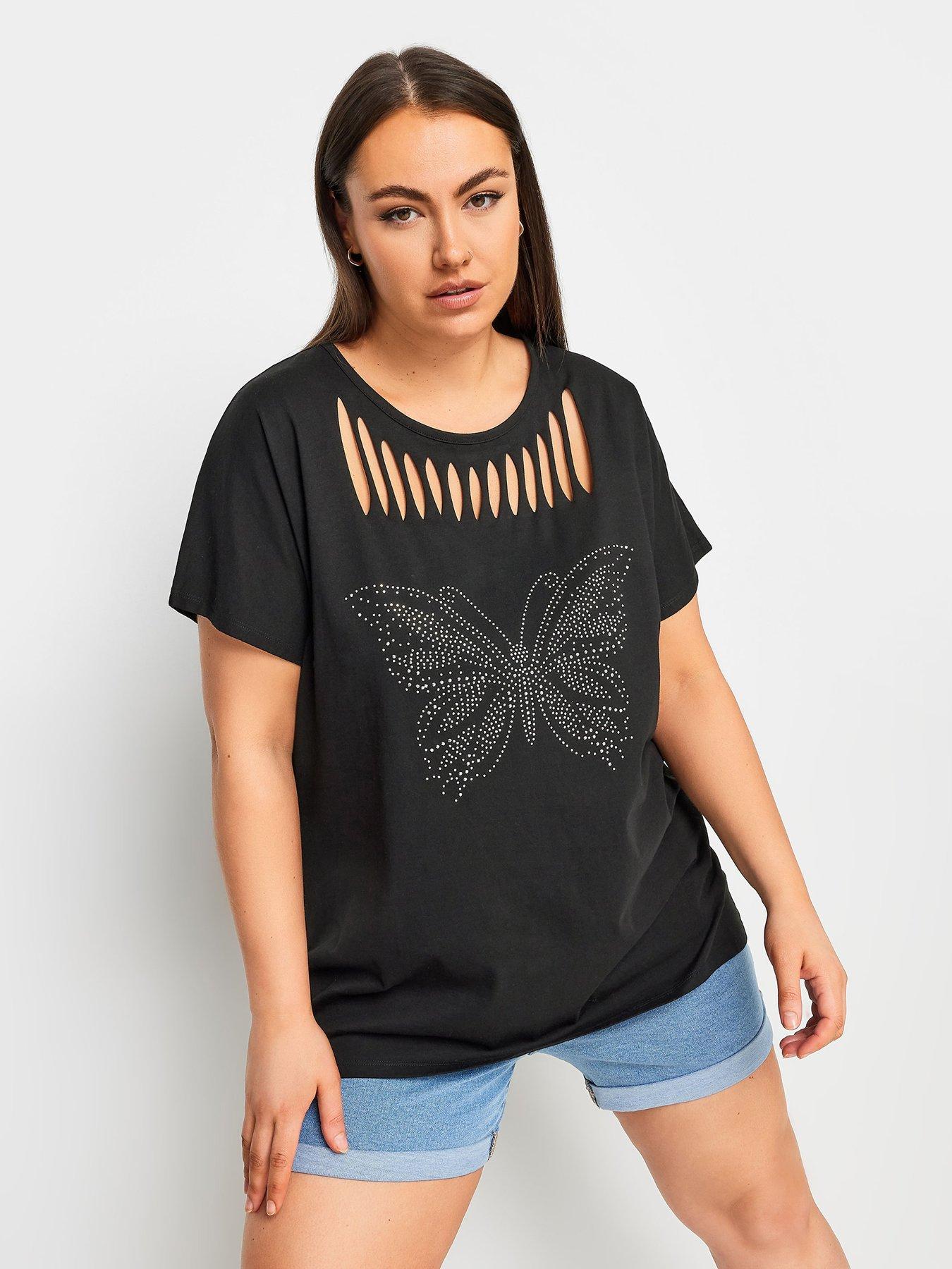 undefined Curve Laser Cut T-shirt Yolk Cut Butterfly Bling - Black