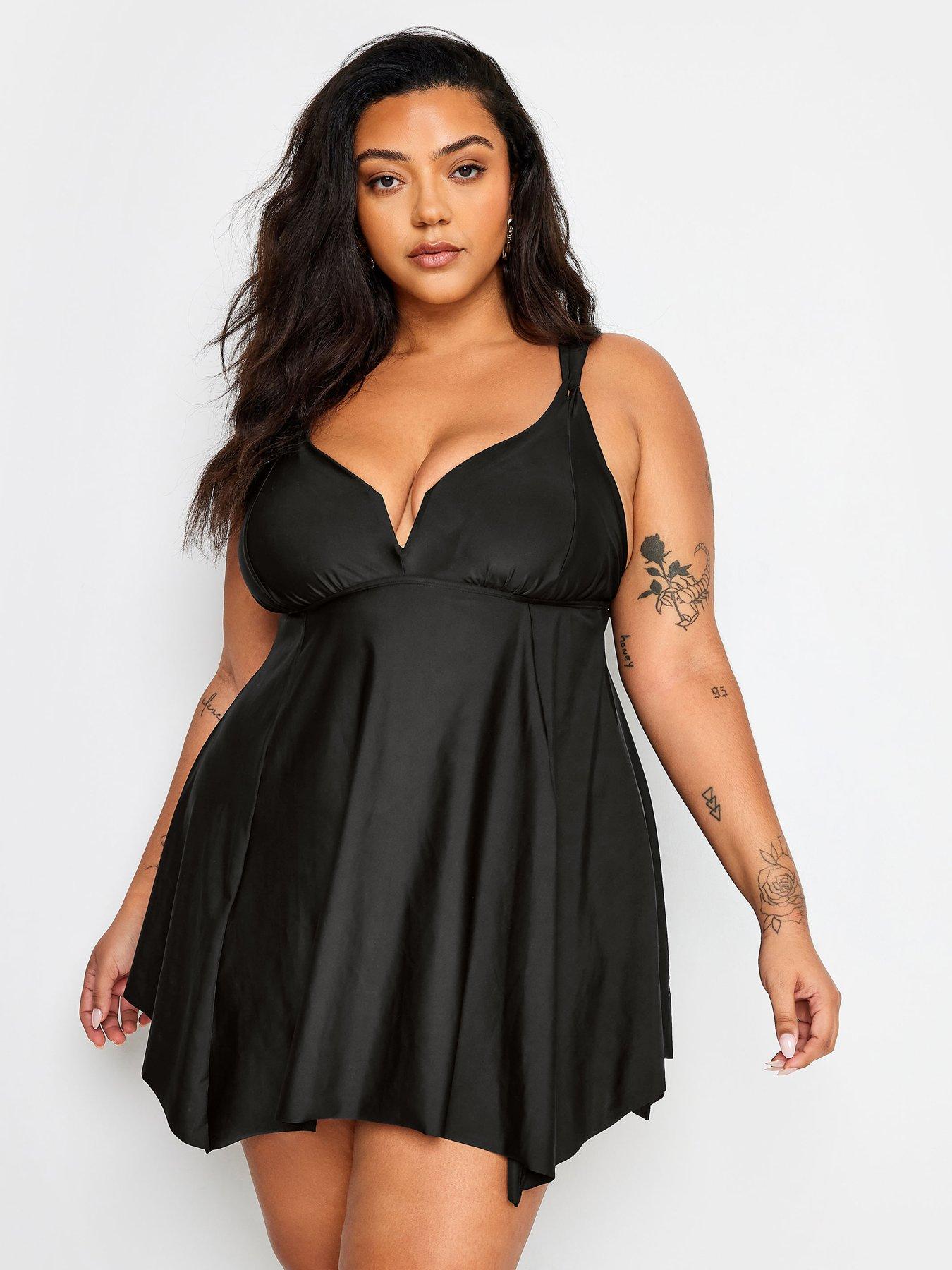 Image 1 of 4 of Yours Curve Knotted Strap Hanky Swim Dress - Black