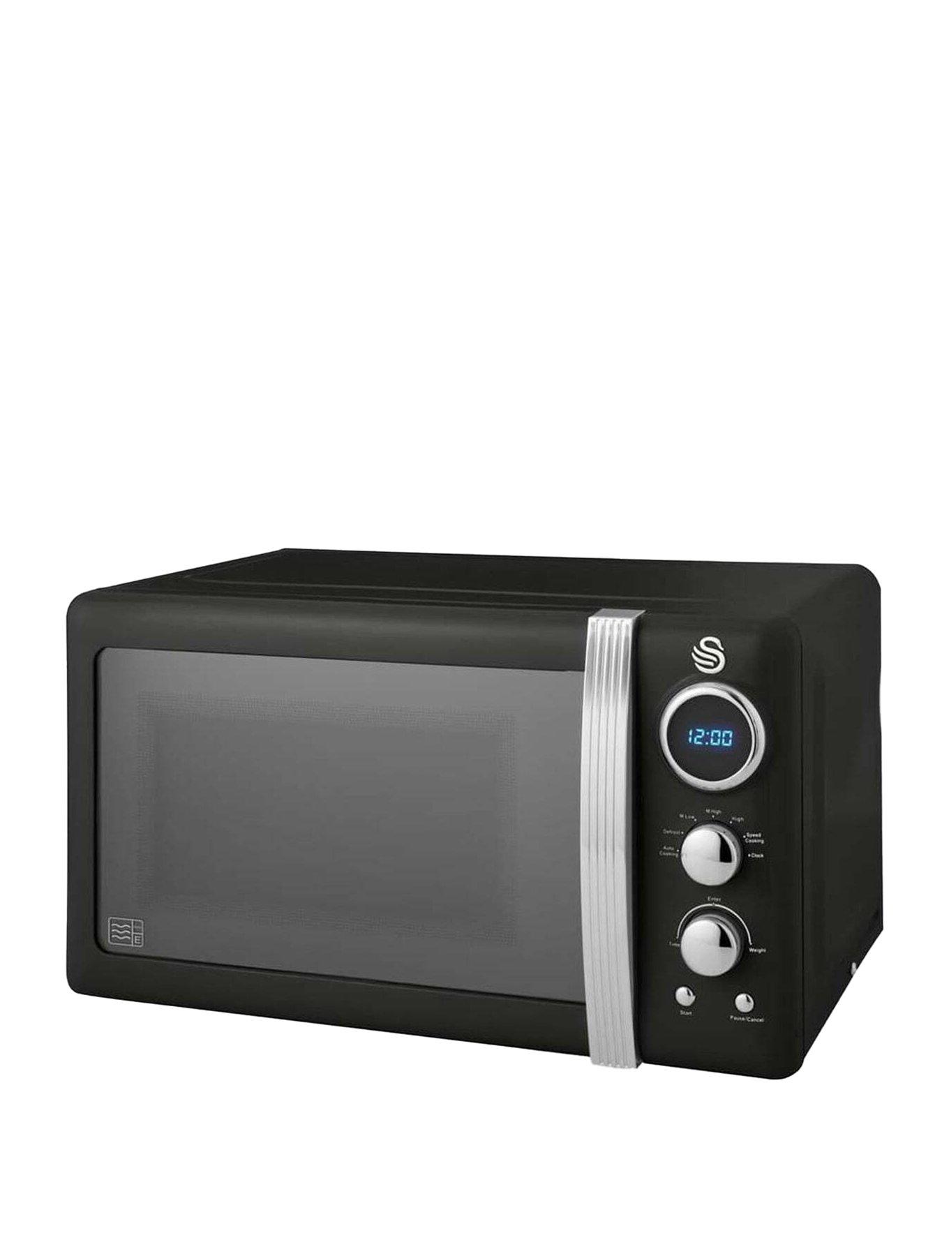 Swan SM22030LBN Retro LED Digital Microwave with Glass Turntable, 5 Power levels  &  Defrost Setting, 20L, 800W, Black