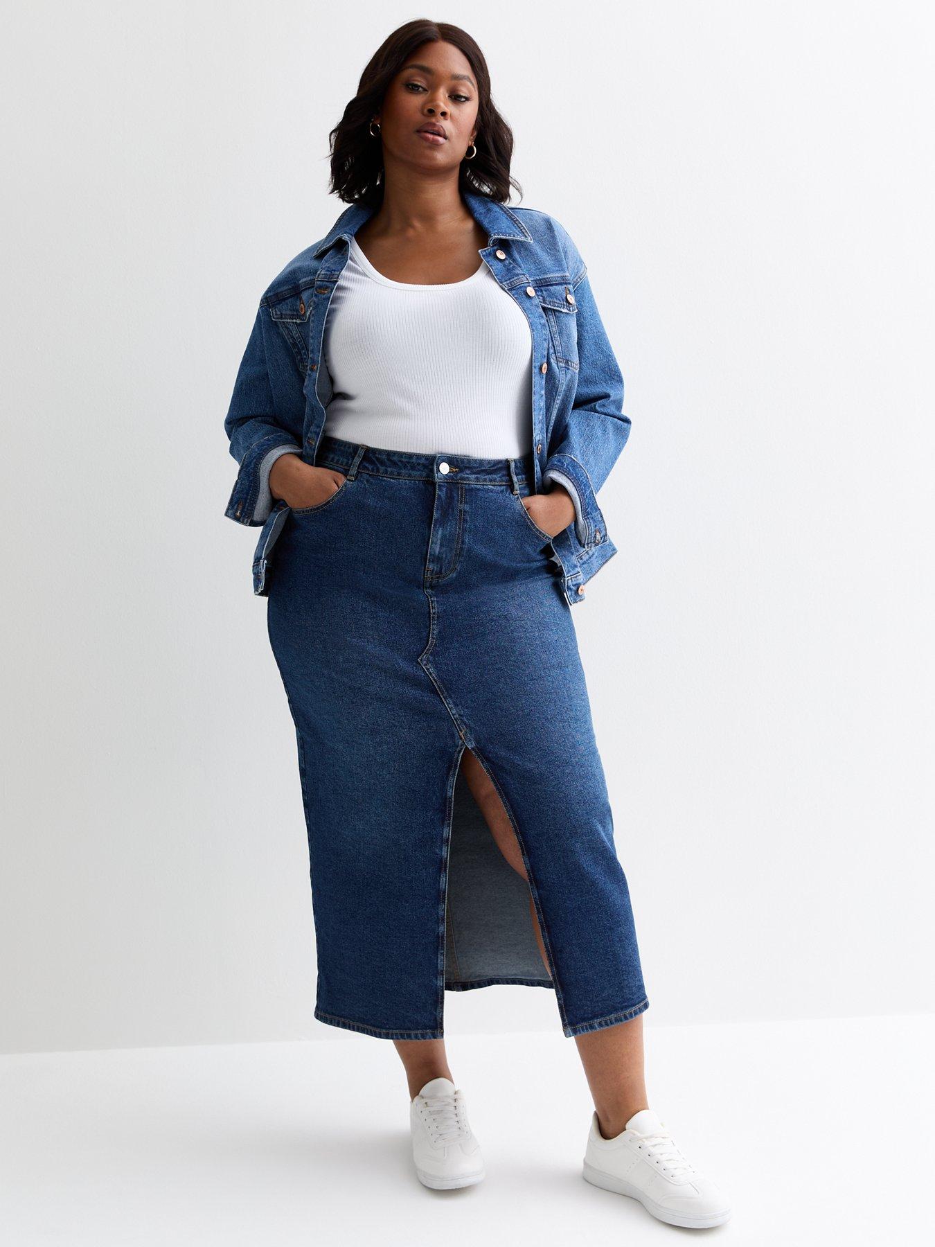 Image 3 of 5 of New Look Curves Blue Denim Midi Skirt