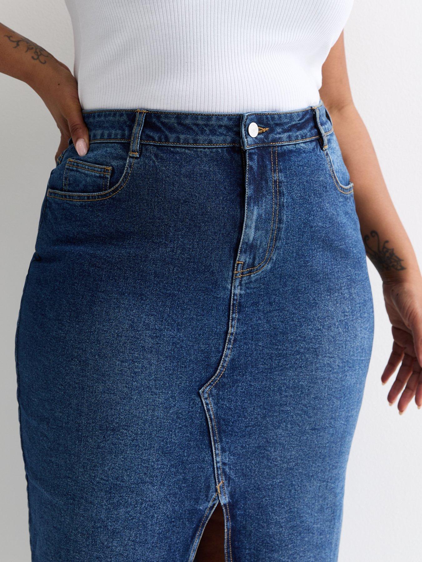 Image 4 of 5 of New Look Curves Blue Denim Midi Skirt