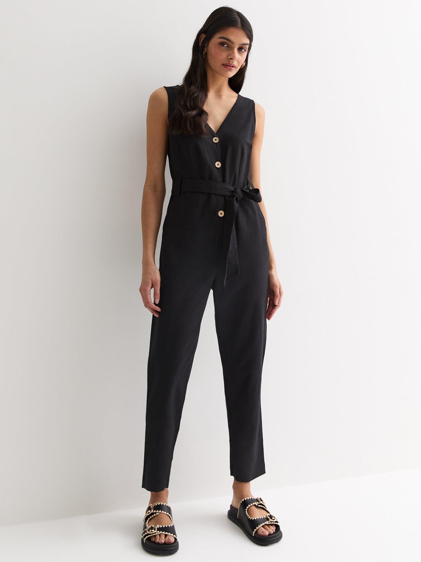 Image 1 of 4 of New Look Black Sleeveless Button Through Jumpsuit