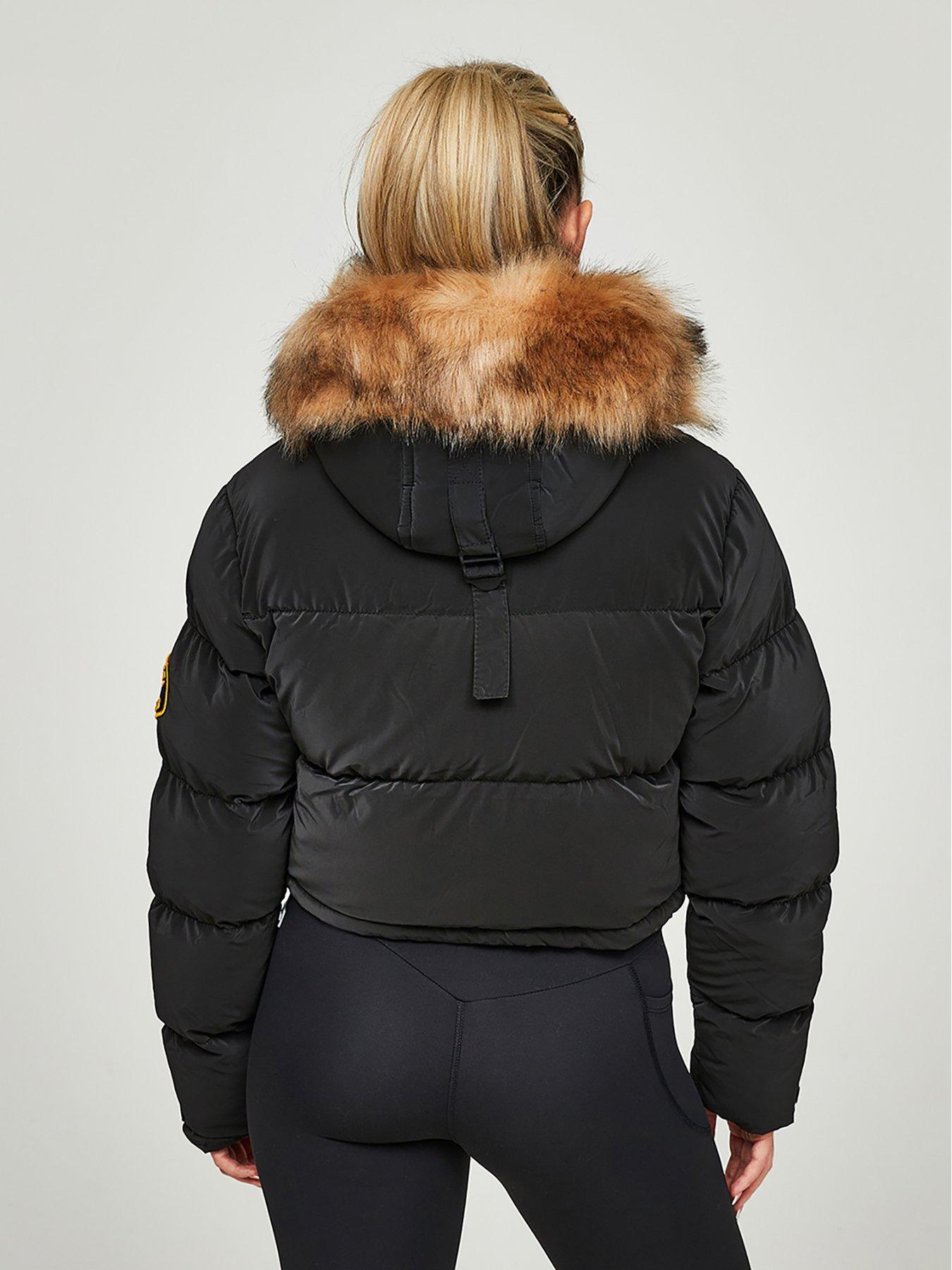 Cropped Jacket Black Jacket Fluffy Hood Fur Coats Crop Funnel Neck