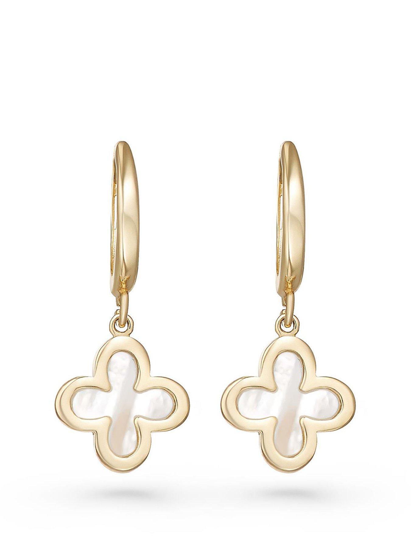  image of beaverbrooks-9ct-yellow-gold-mother-of-pearl-clover-hoop-earrings