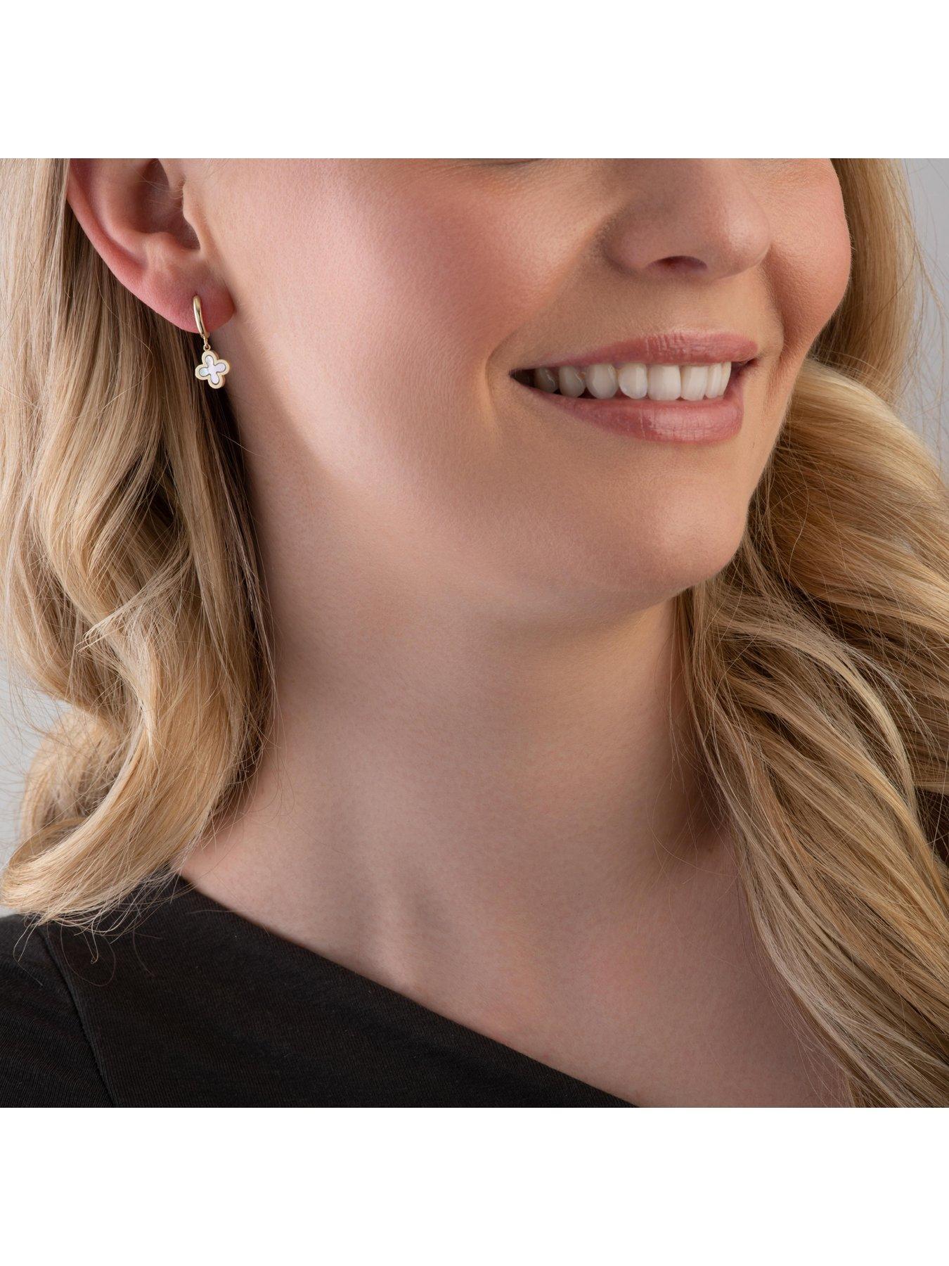  image of beaverbrooks-9ct-yellow-gold-mother-of-pearl-clover-hoop-earrings
