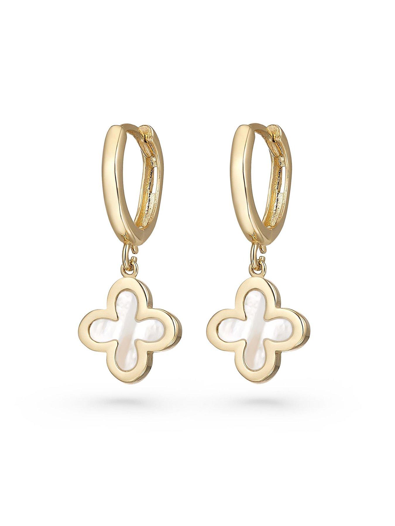  image of beaverbrooks-9ct-yellow-gold-mother-of-pearl-clover-hoop-earrings
