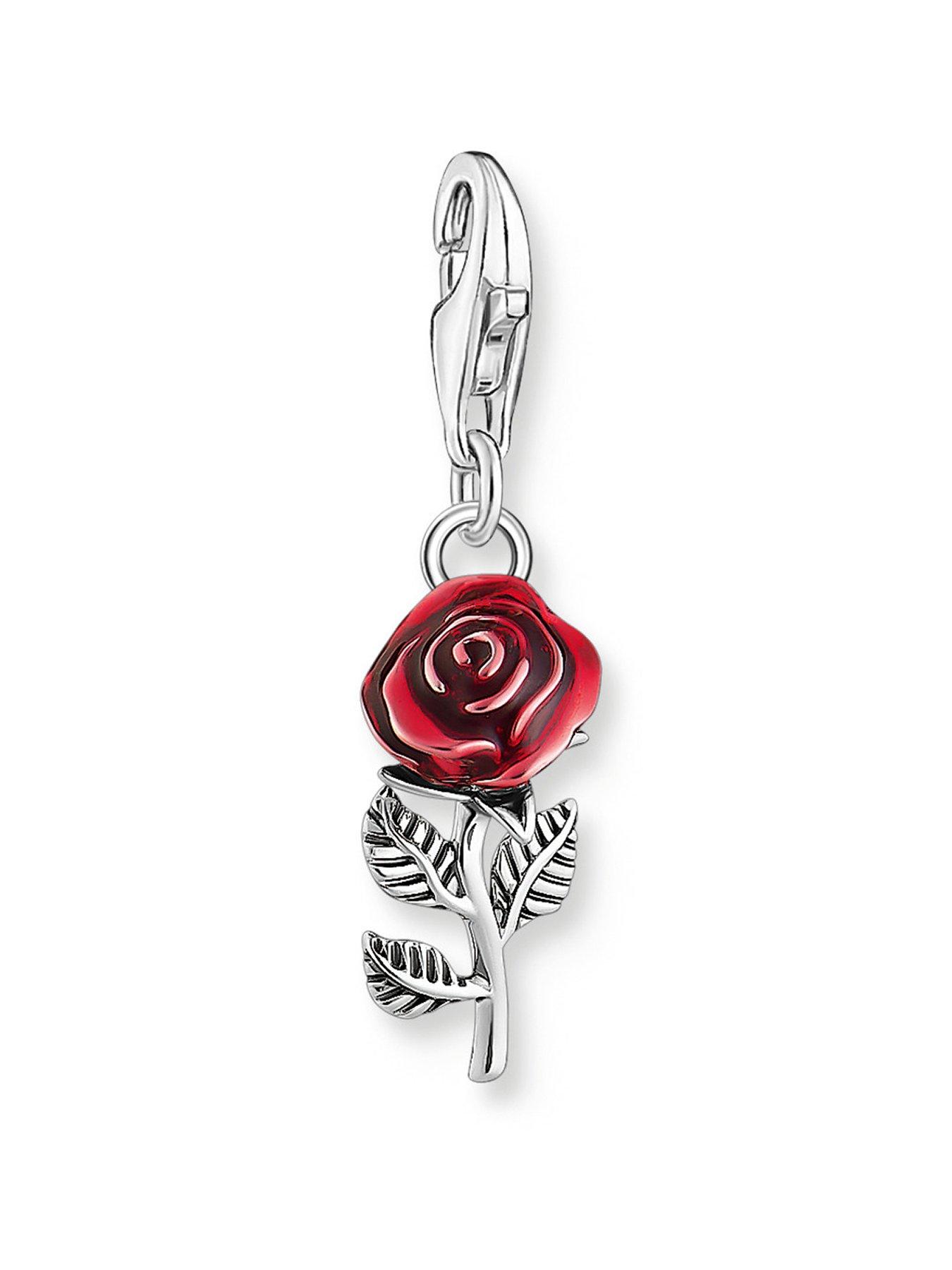 undefined Rose Charm: 3D long-stemmed beauty, hand-painted red enamel, detailed design, perfect for Charm Club combos
