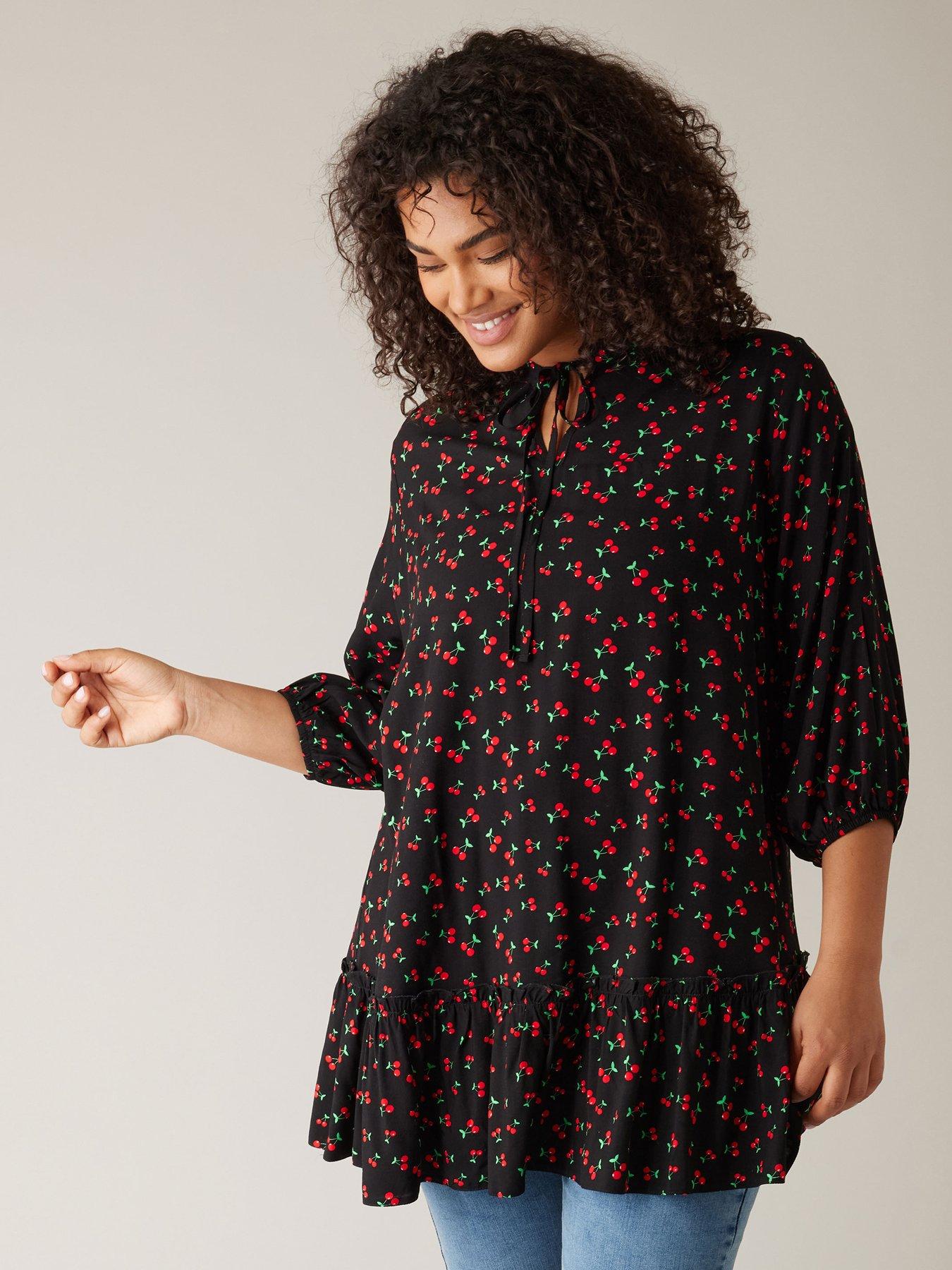 undefined Tie-neck Frill Hem Tunic Cherry
