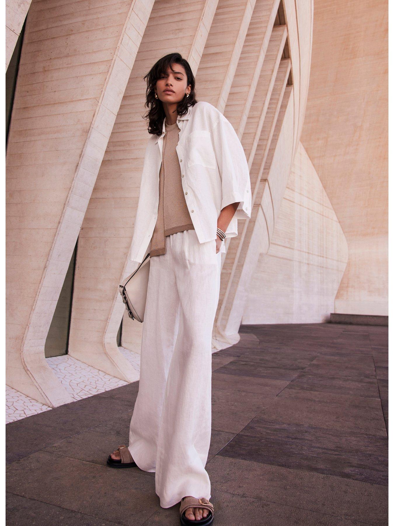 Ivory Linen Wide Leg Trousers